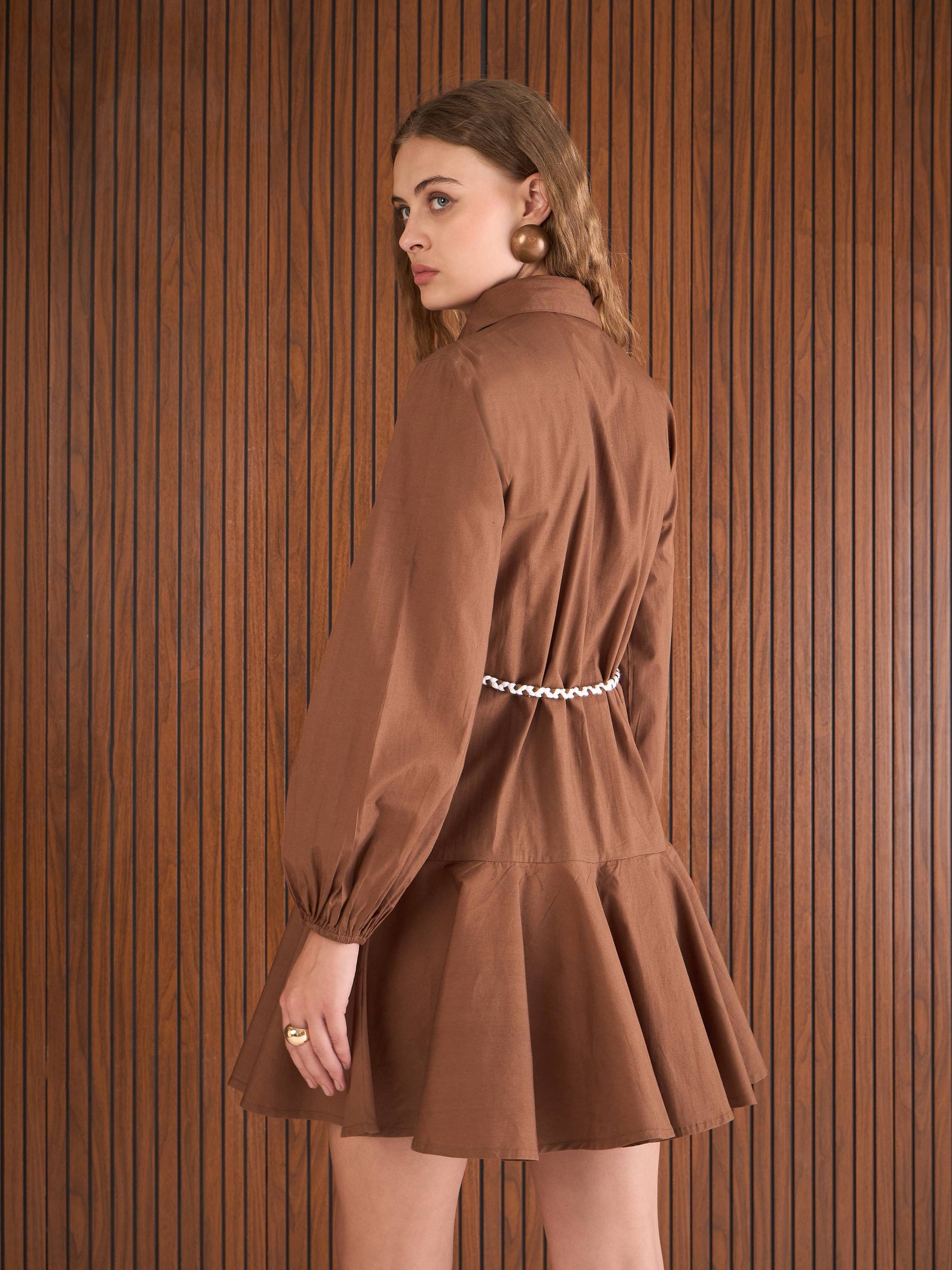 Brown Poplin Flared Skater Dress-SASSAFRAS