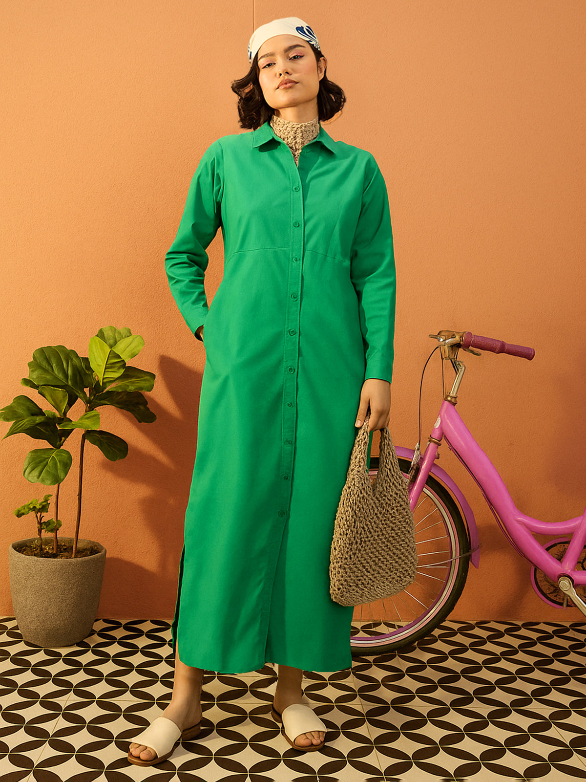 Women Green Poplin Longline Shirt Dress