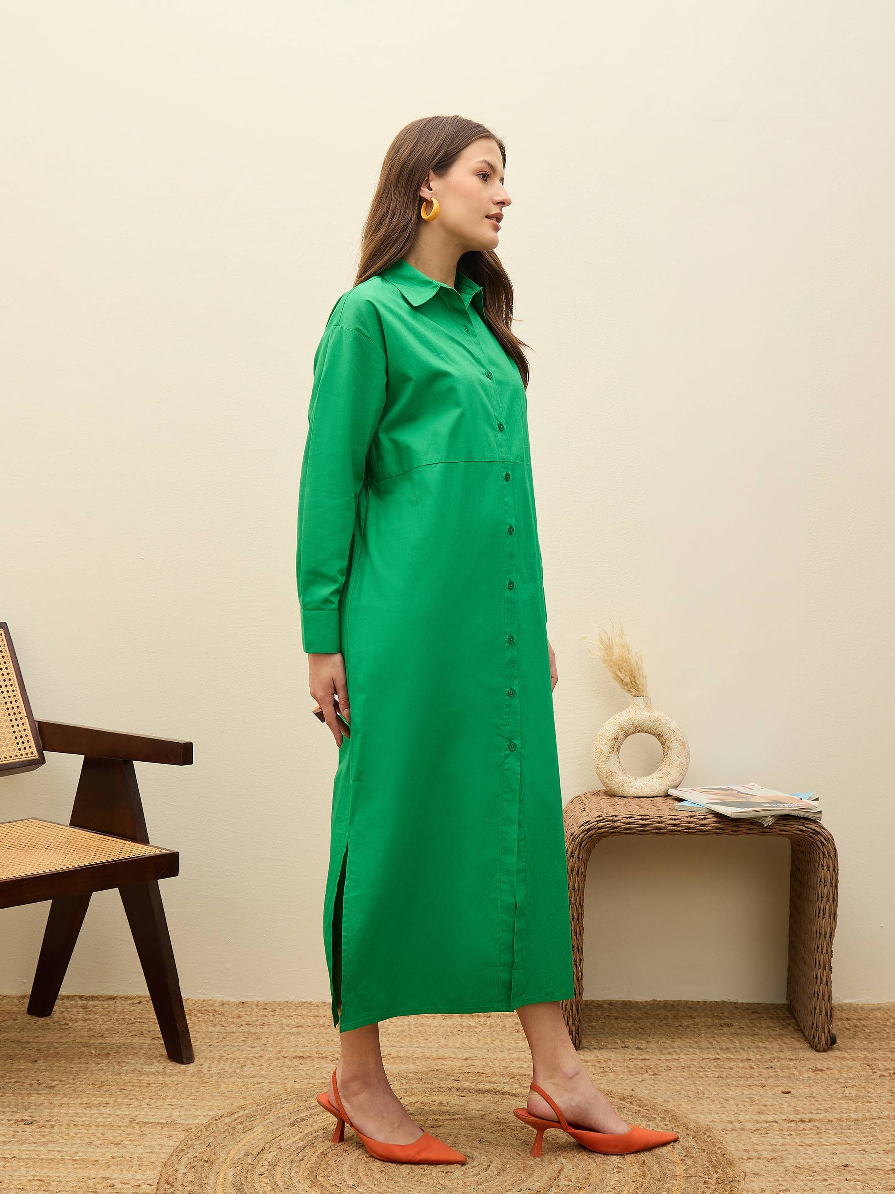 Green Poplin Longline Shirt Dress-SASSAFRAS