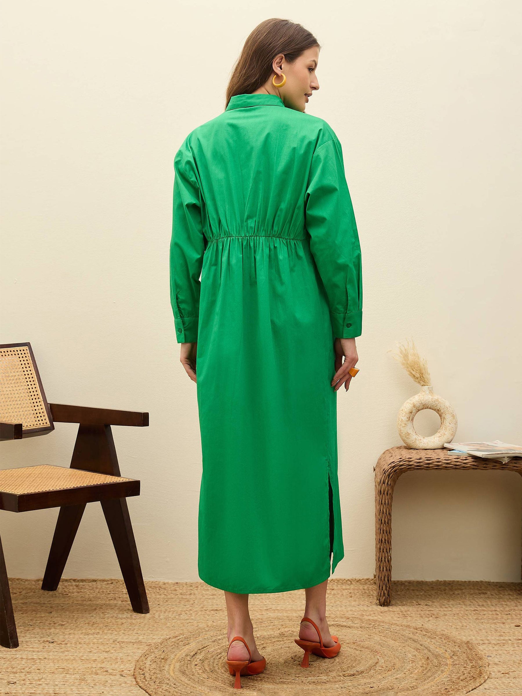 Green Poplin Longline Shirt Dress-SASSAFRAS