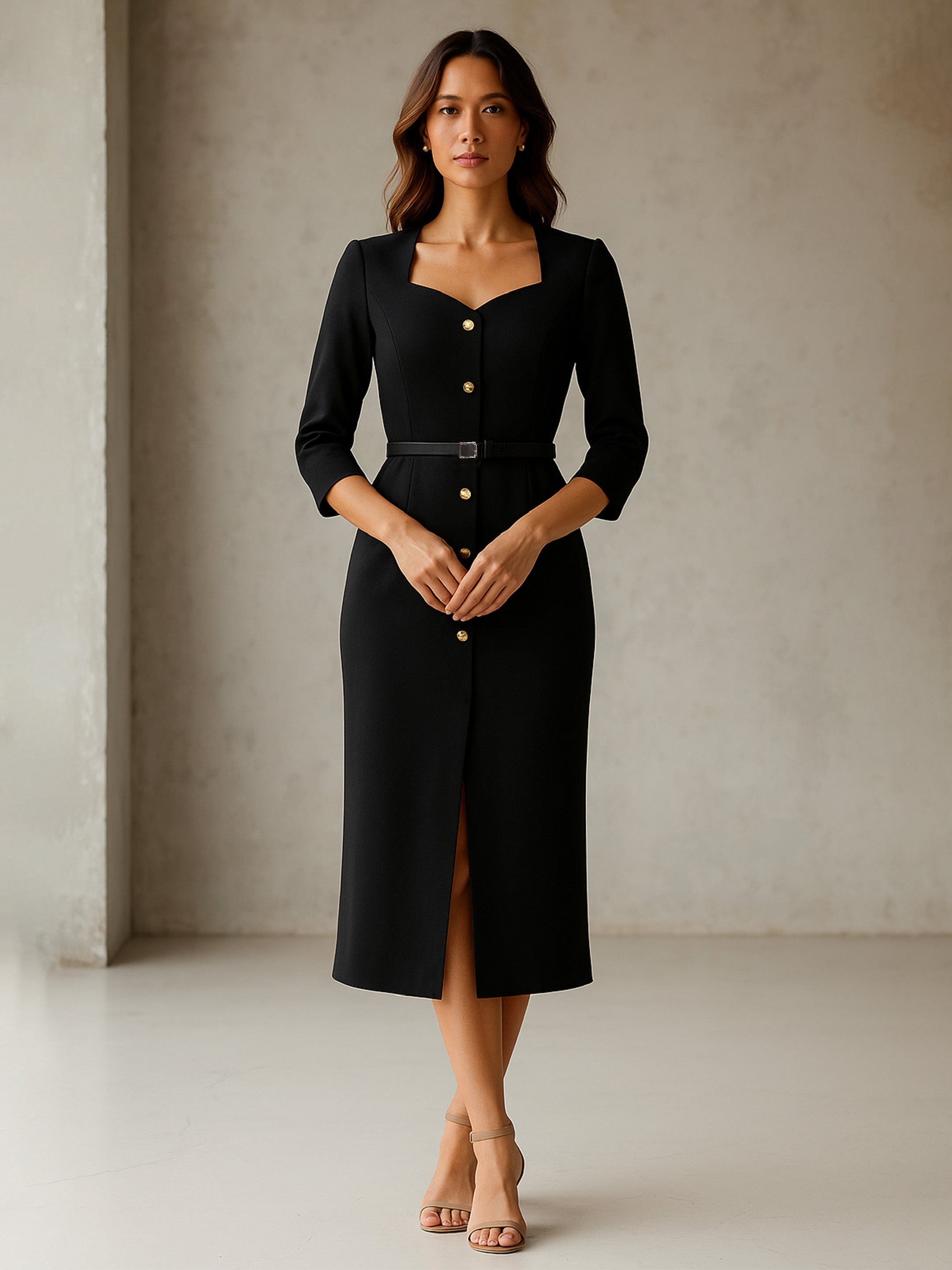 Buy Women Black Sweetheart Neck Midi Dress With PU Belt Online at