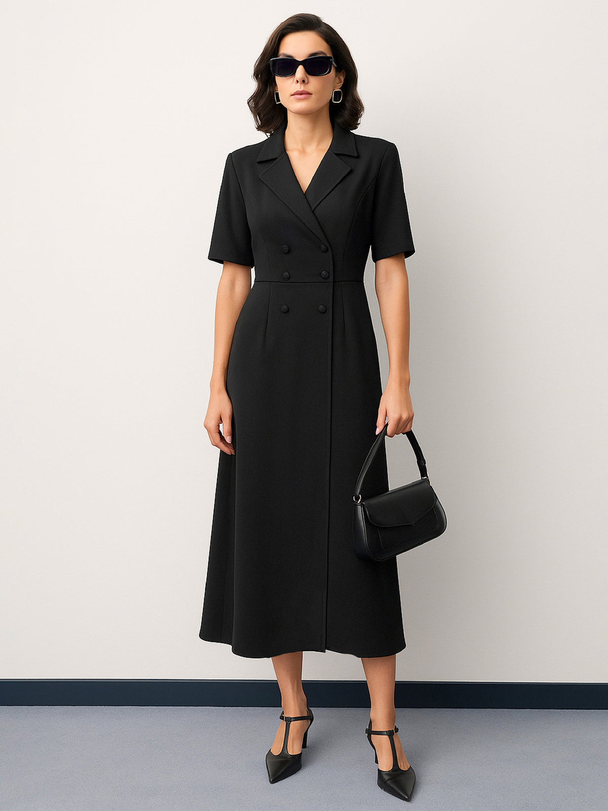 Black Notch Collar Button Midi Dress-SASSAFRAS worklyf