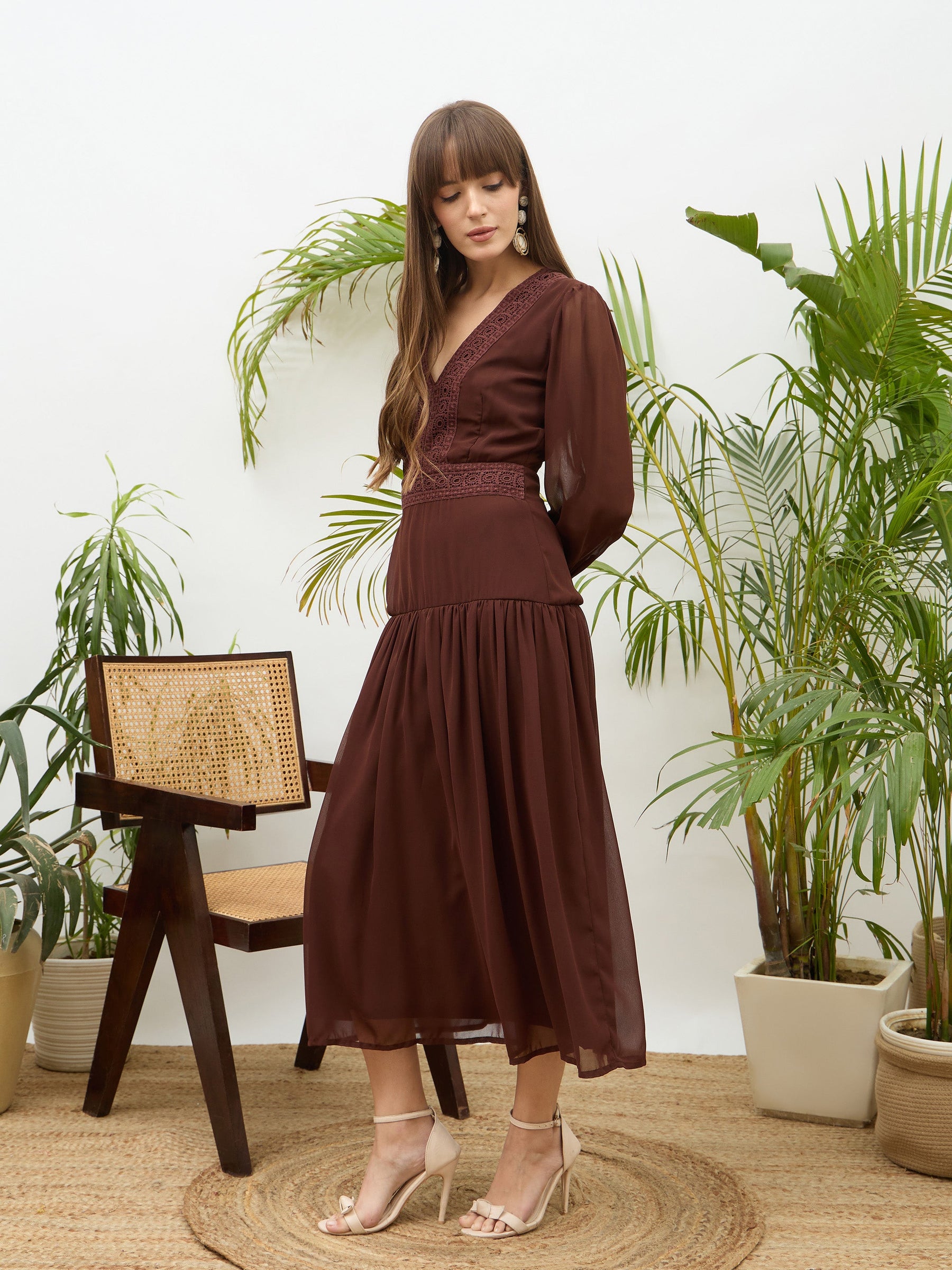 Dark Brown V-Neck Lace Detail Maxi Dress-SASSAFRAS