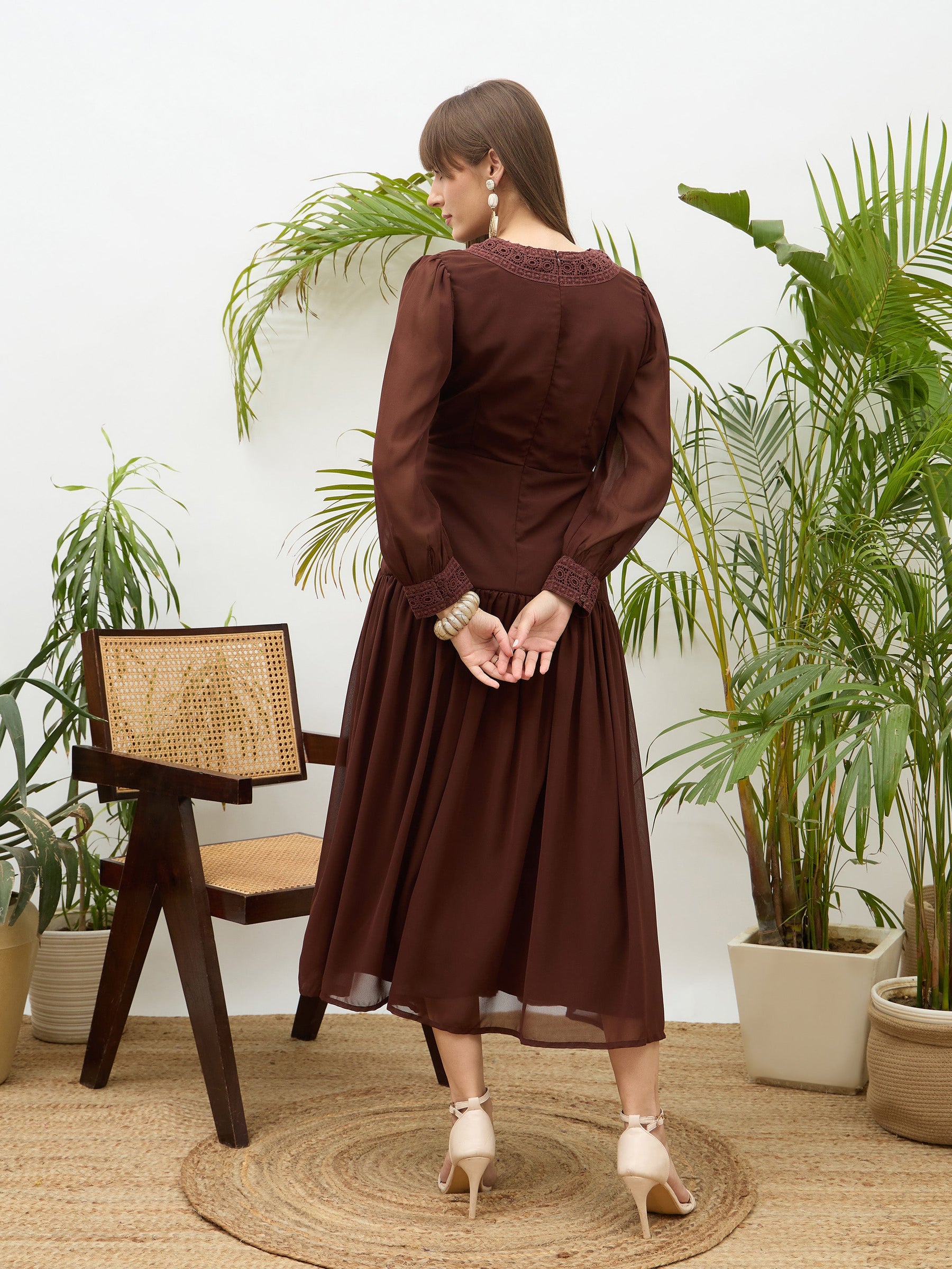 Dark Brown V-Neck Lace Detail Maxi Dress-SASSAFRAS