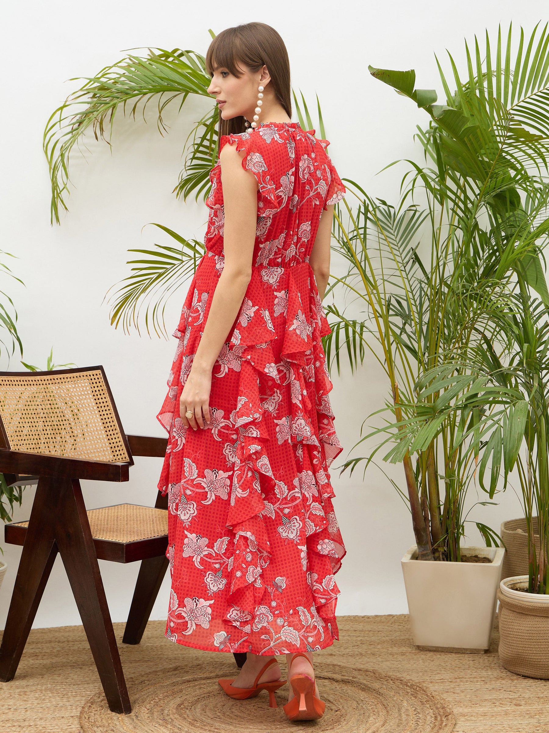 Red Floral Front Ruffle Detail Maxi Dress-SASSAFRAS