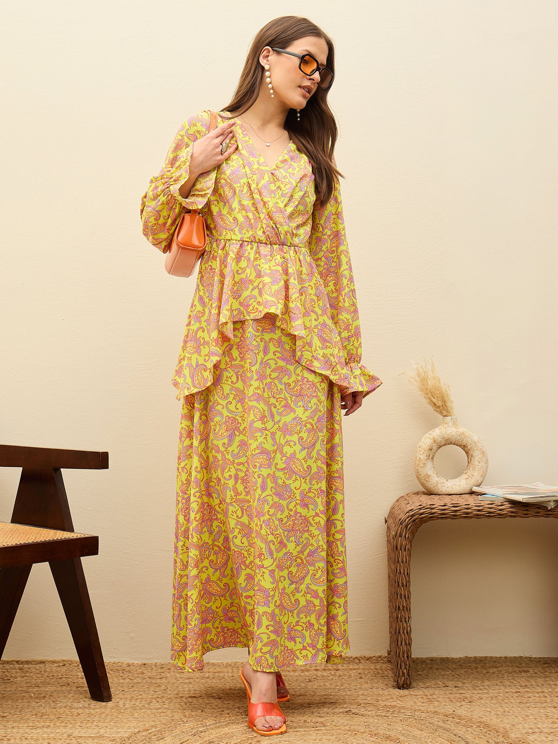 Neon Green Paisley Peplum Maxi Dress-SASSAFRAS