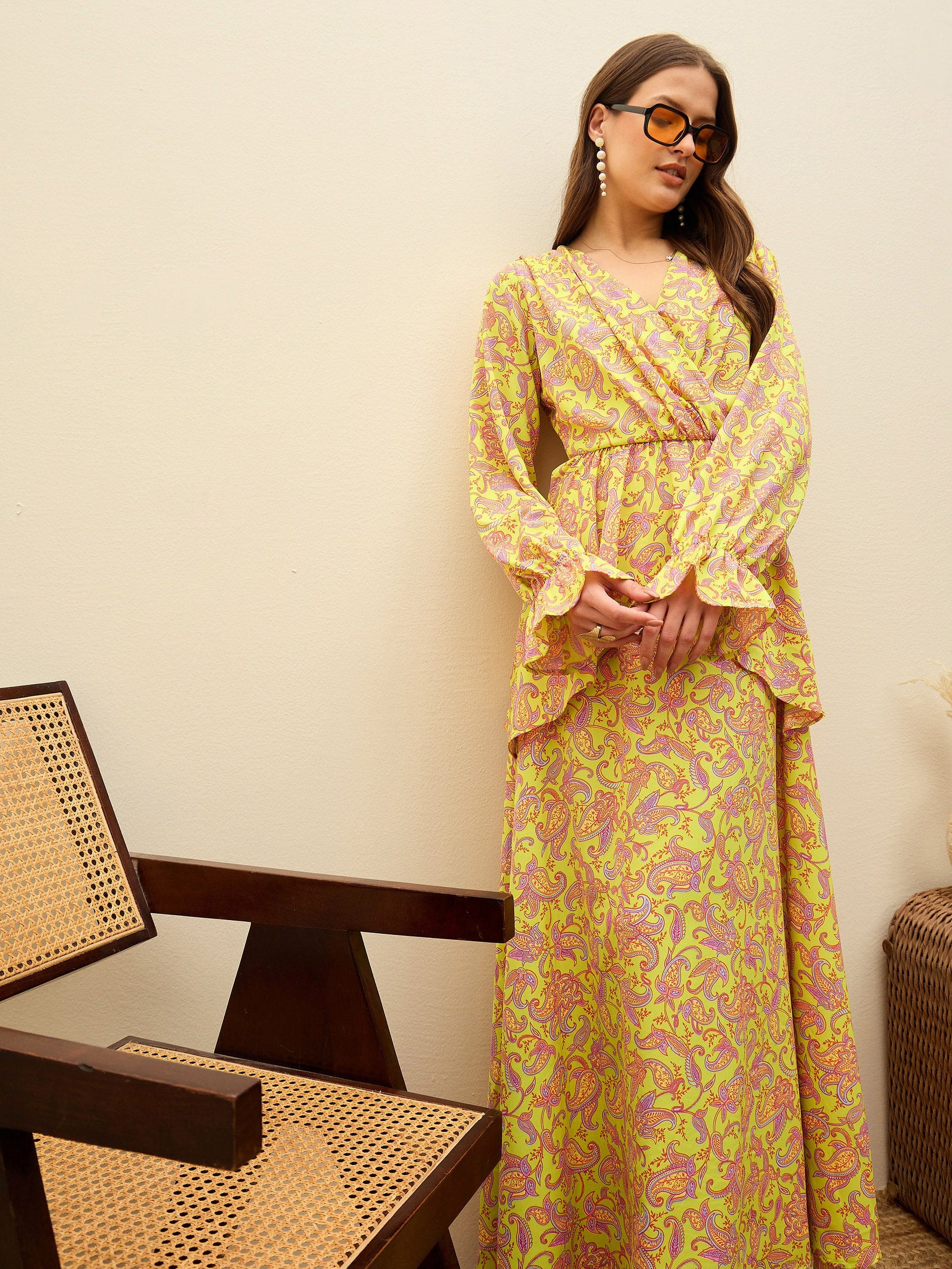 Neon Green Paisley Peplum Maxi Dress-SASSAFRAS