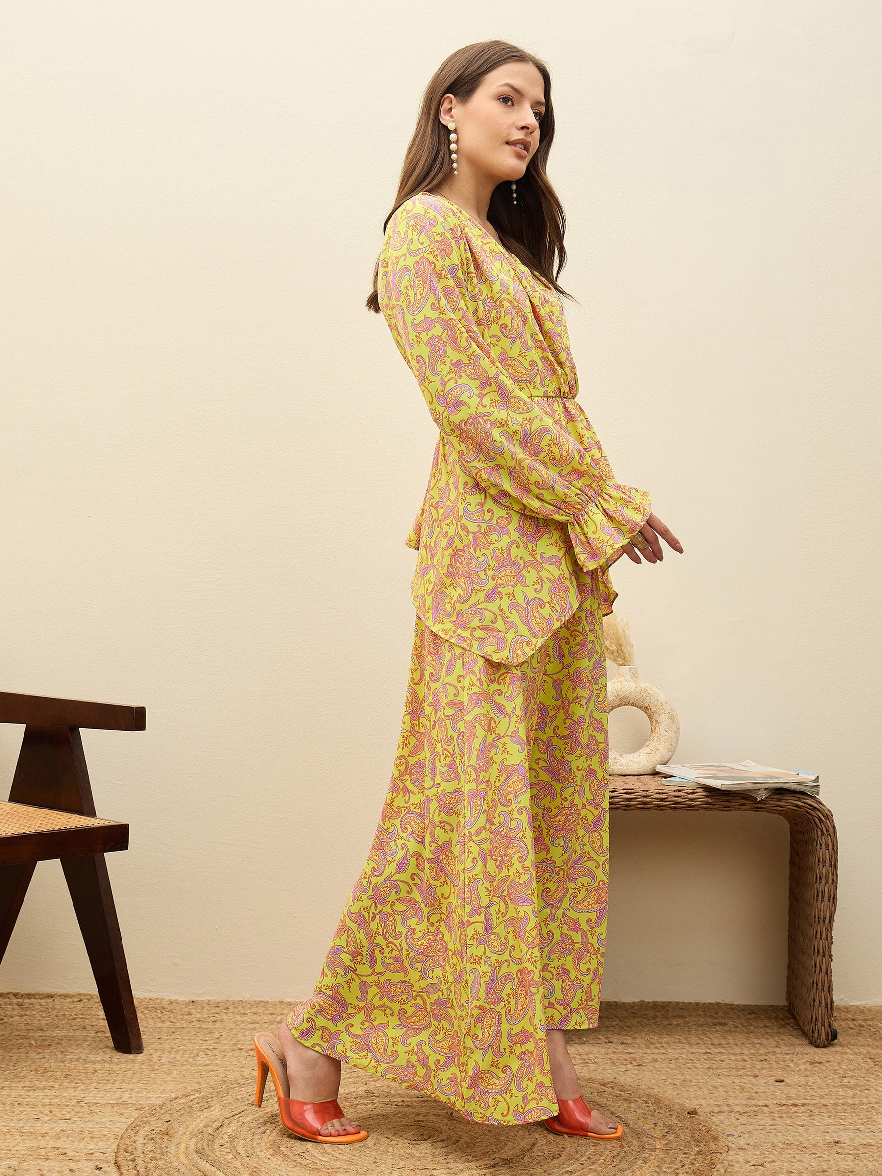 Neon Green Paisley Peplum Maxi Dress-SASSAFRAS
