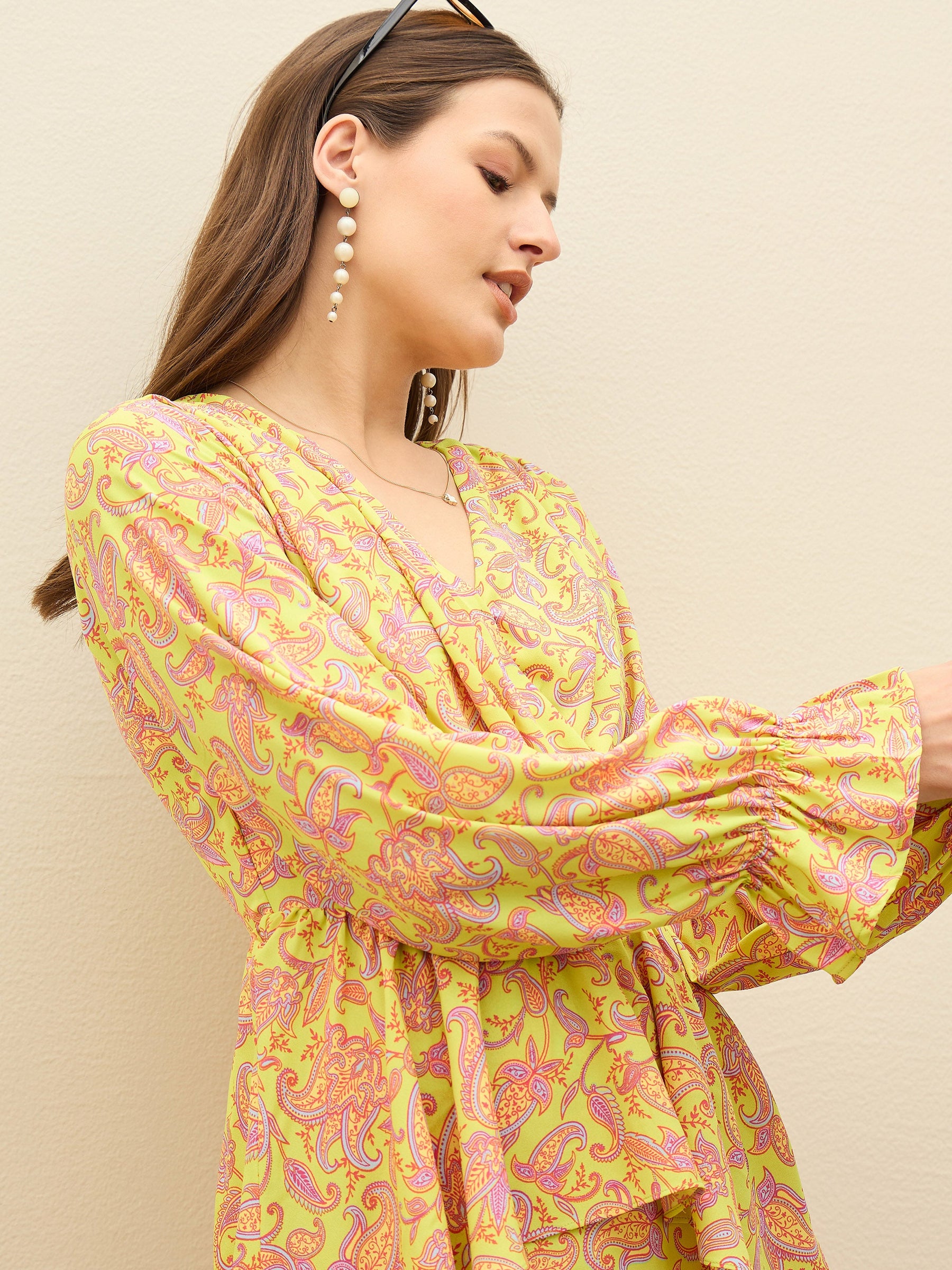 Neon Green Paisley Peplum Maxi Dress-SASSAFRAS