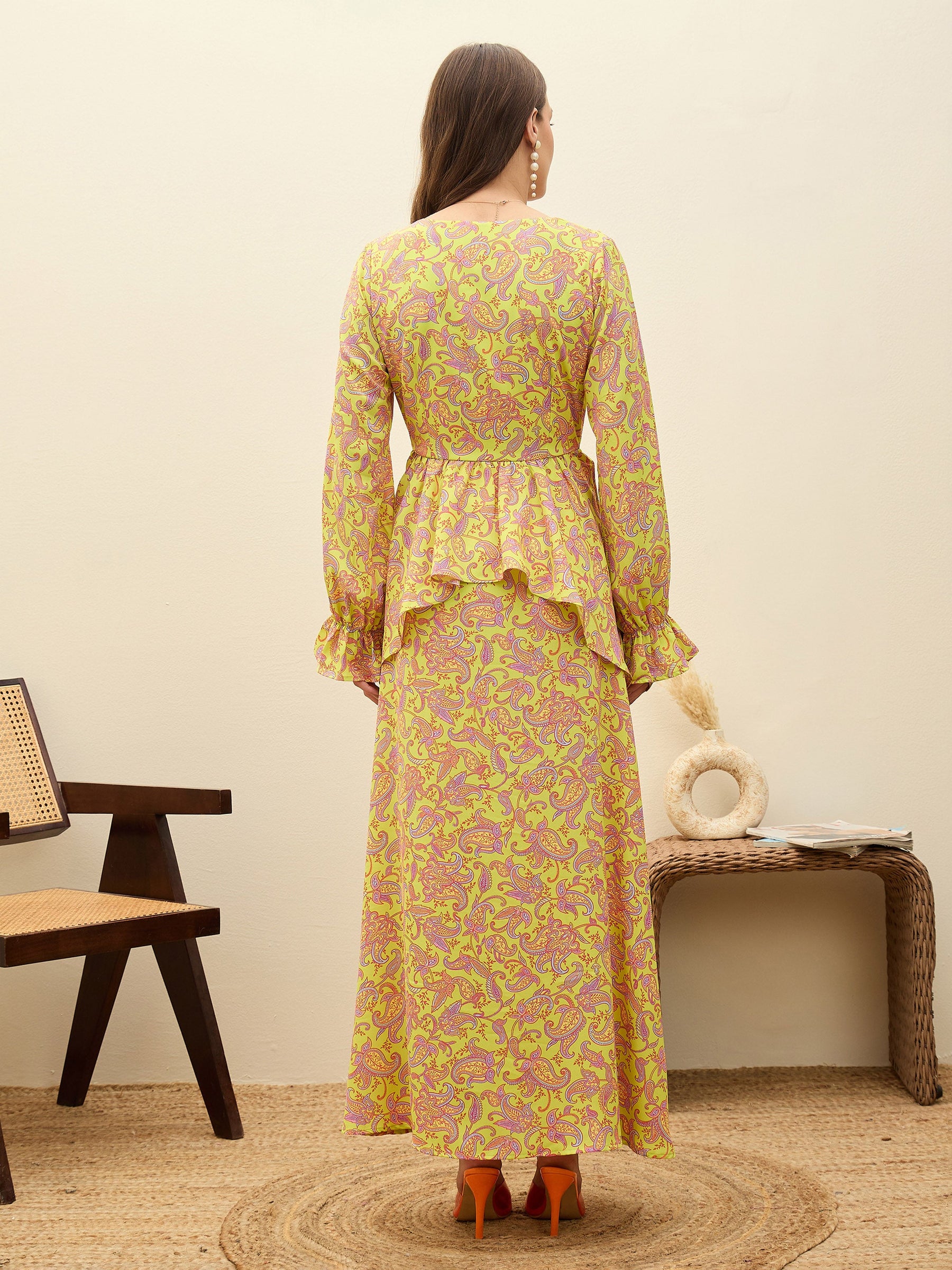 Neon Green Paisley Peplum Maxi Dress-SASSAFRAS