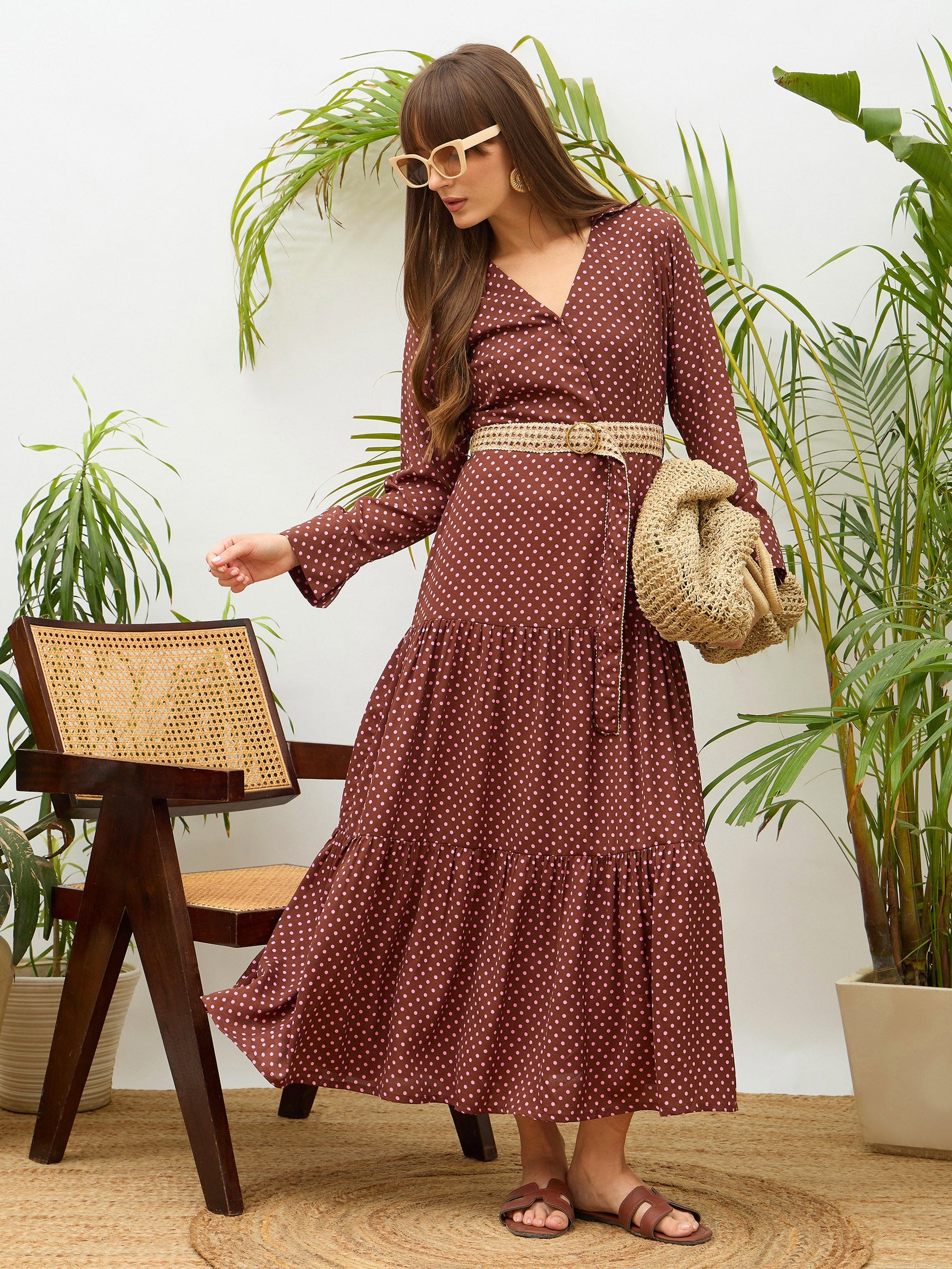 Brown Polka Dot Belted Tiered Maxi Dress-SASSAFRAS
