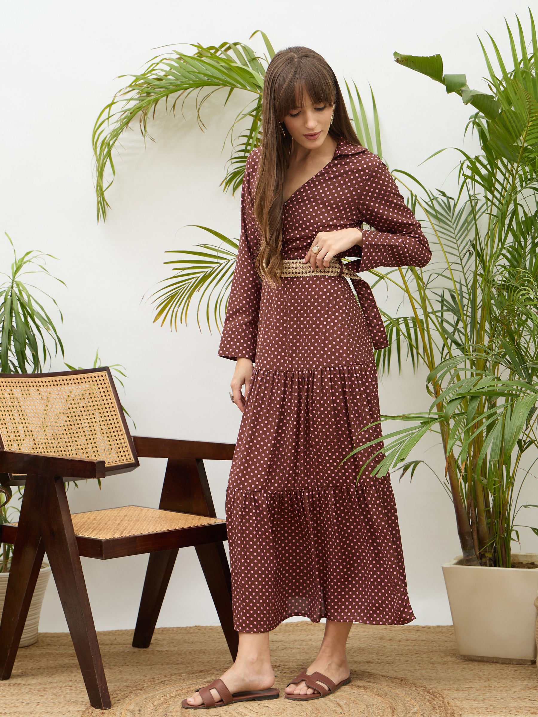 Brown Polka Dot Belted Tiered Maxi Dress-SASSAFRAS