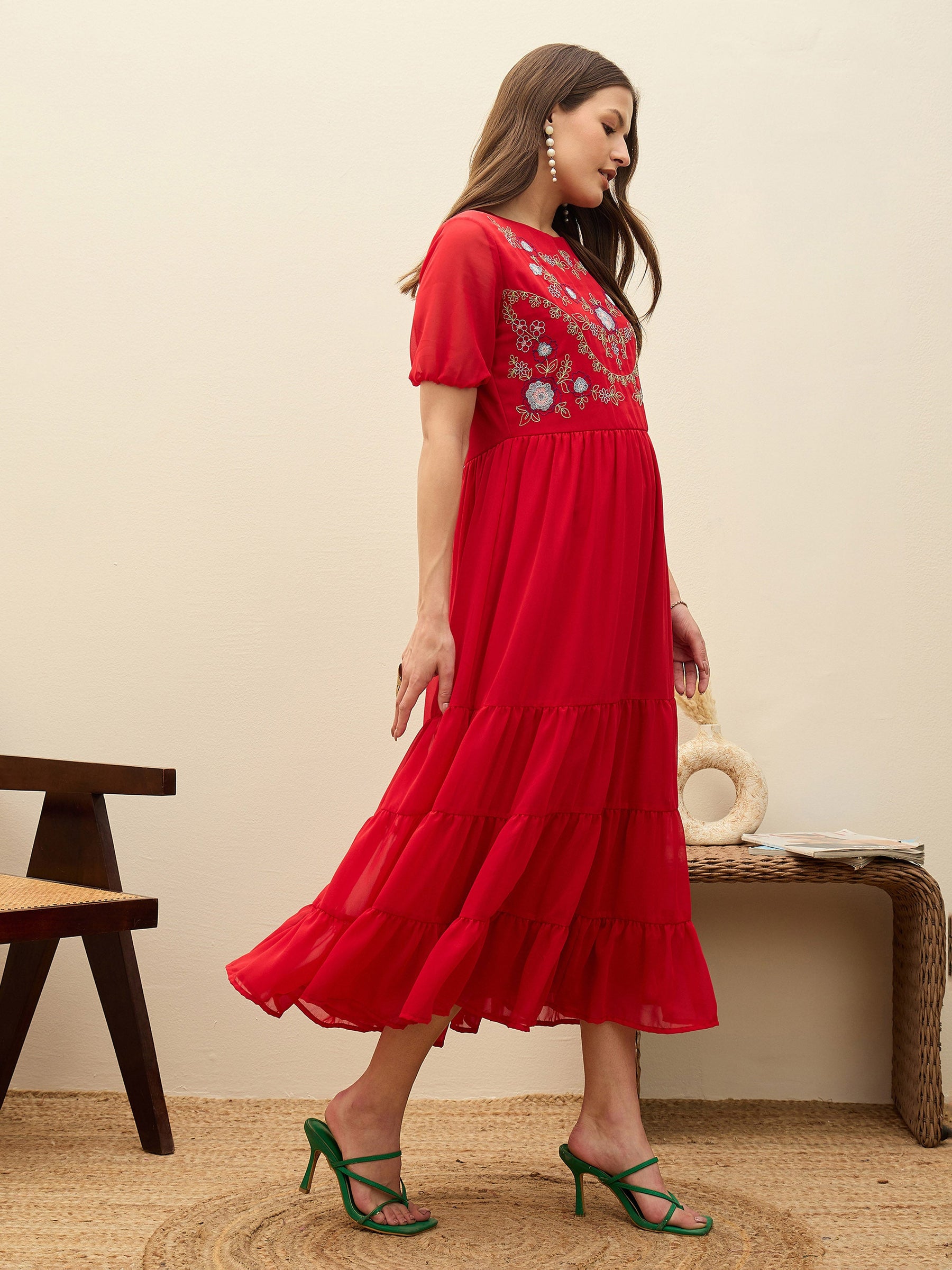 Red Solid Tiered Maxi Dress-SASSAFRAS