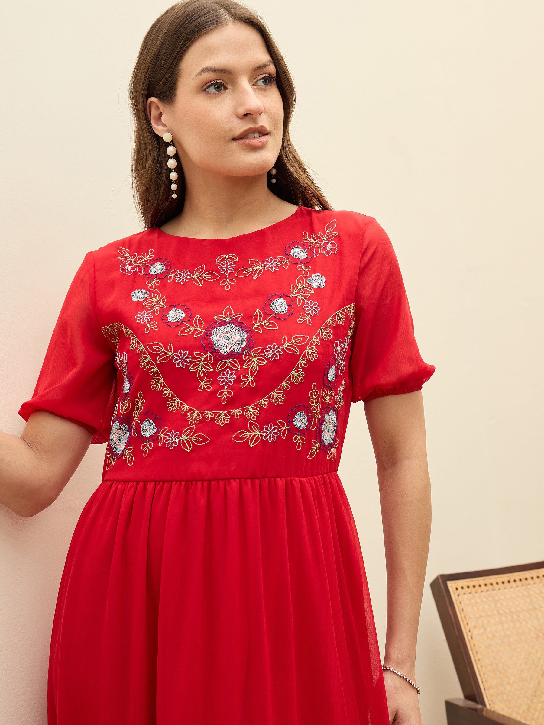 Red Solid Tiered Maxi Dress-SASSAFRAS