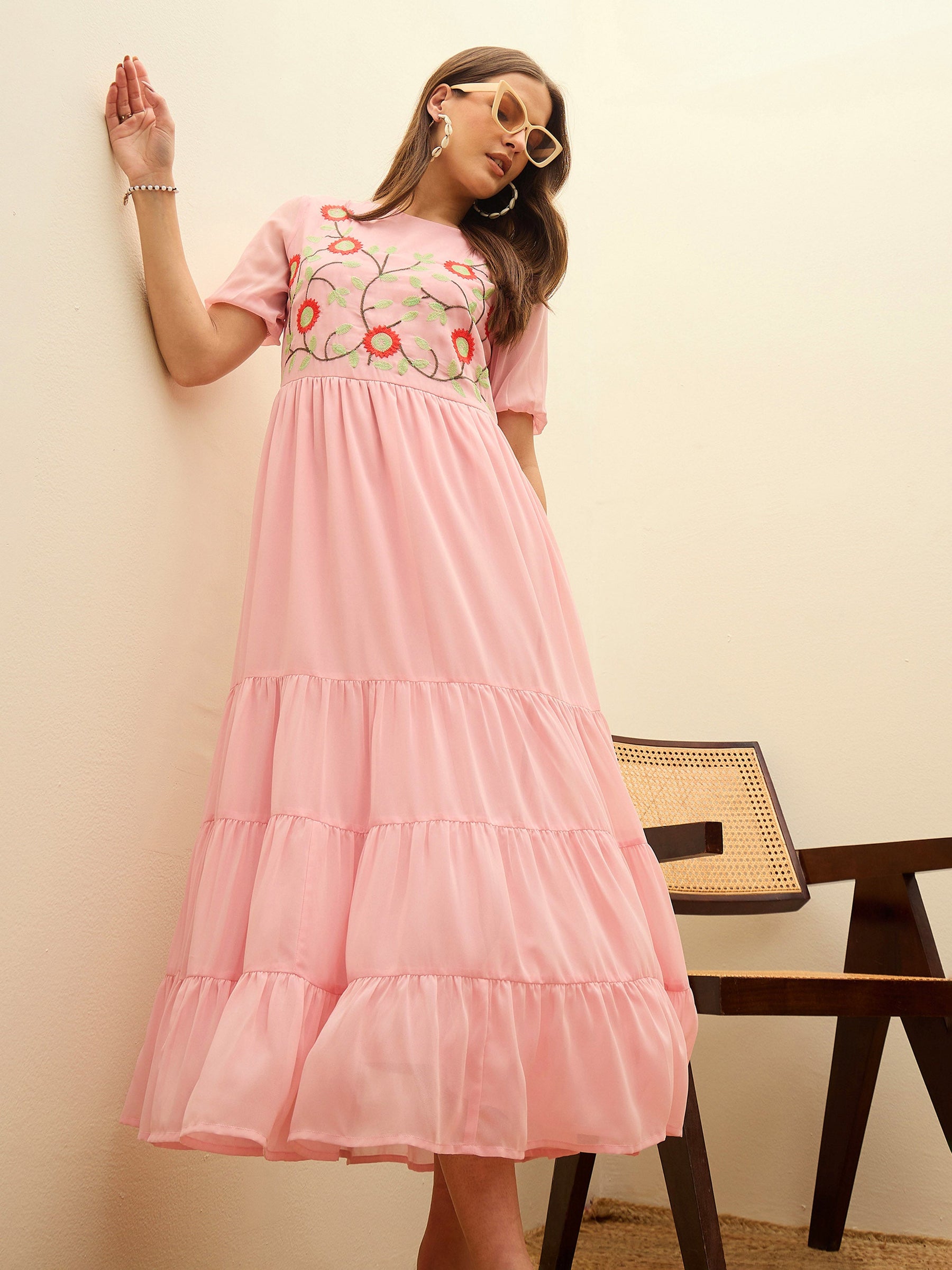 Pink Solid Tiered Maxi Dress-SASSAFRAS