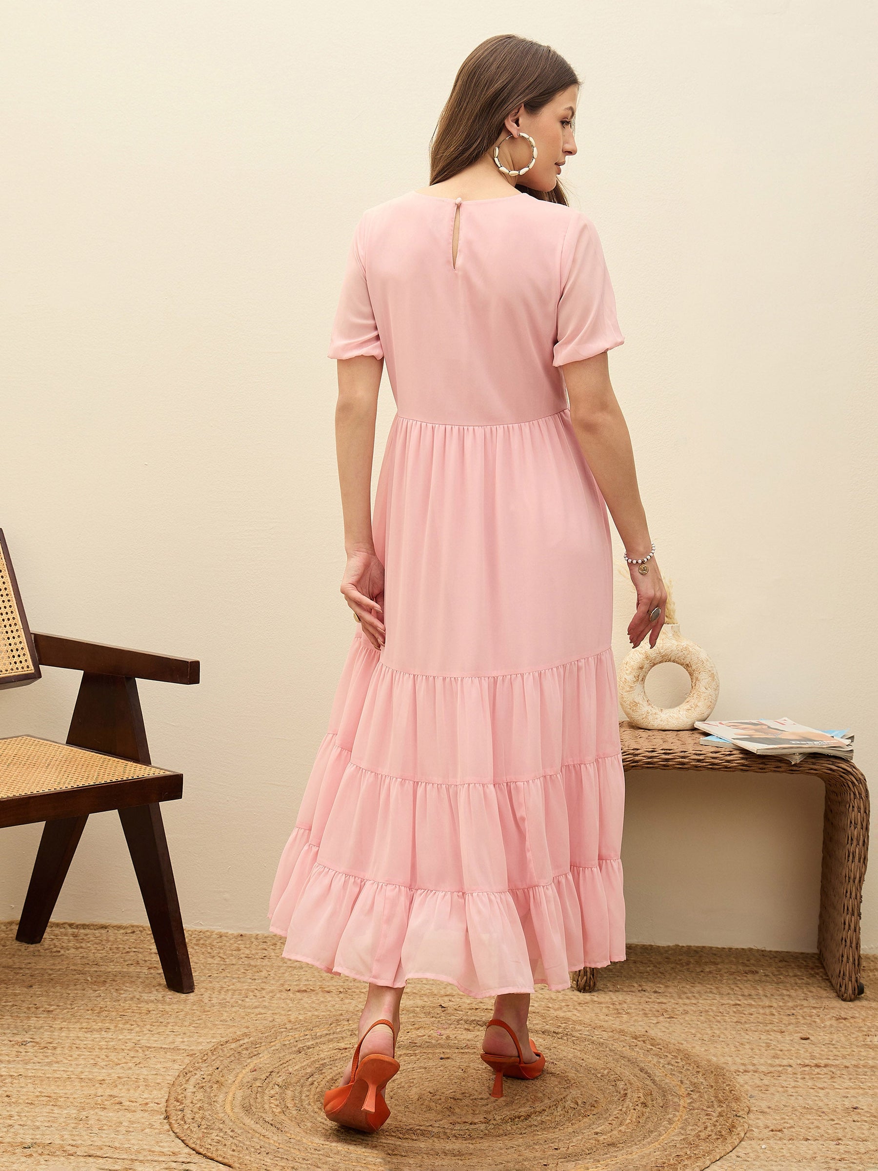 Pink Solid Tiered Maxi Dress-SASSAFRAS