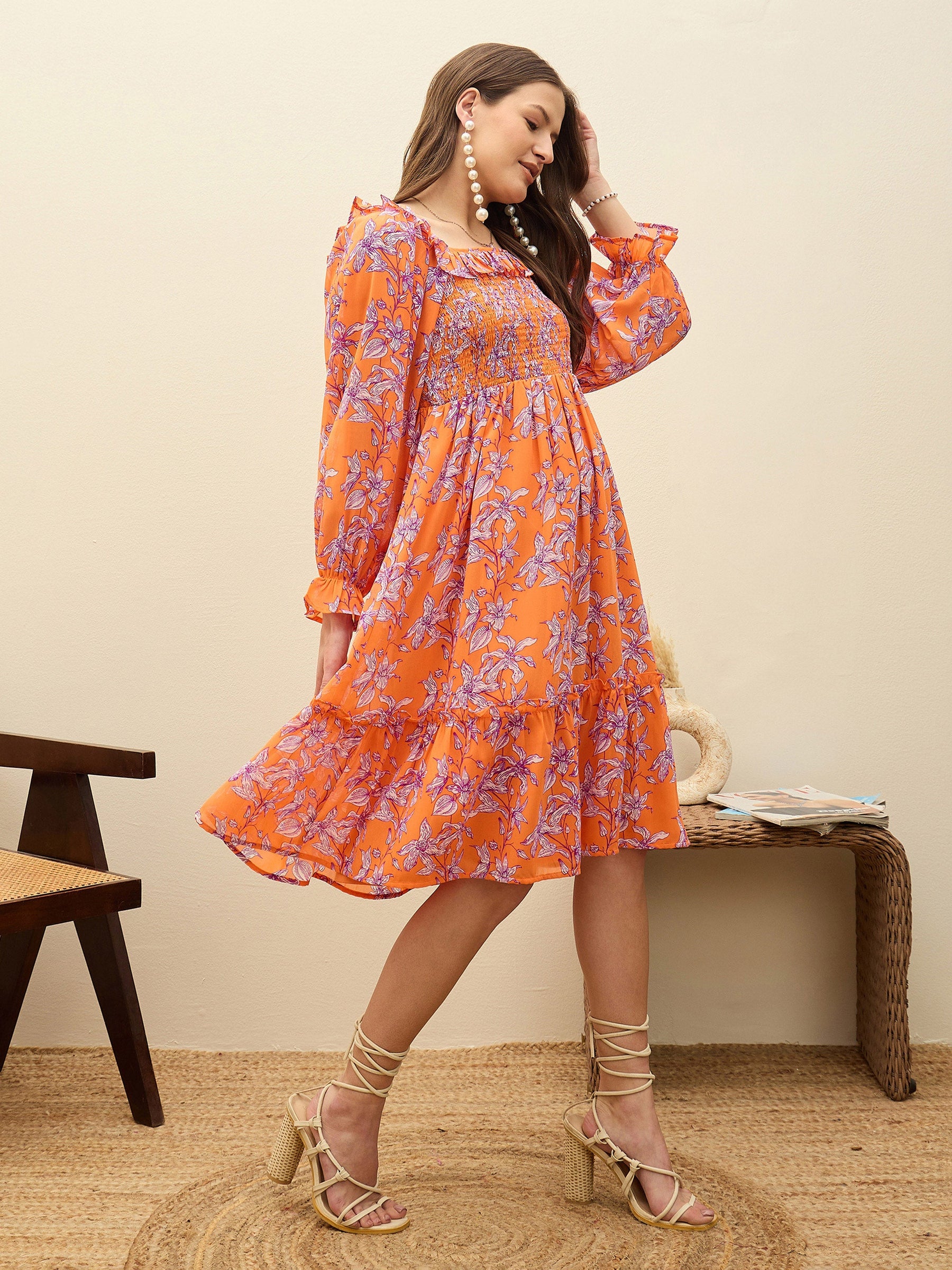 Orange Floral Square Neck Midi Dress-SASSAFRAS
