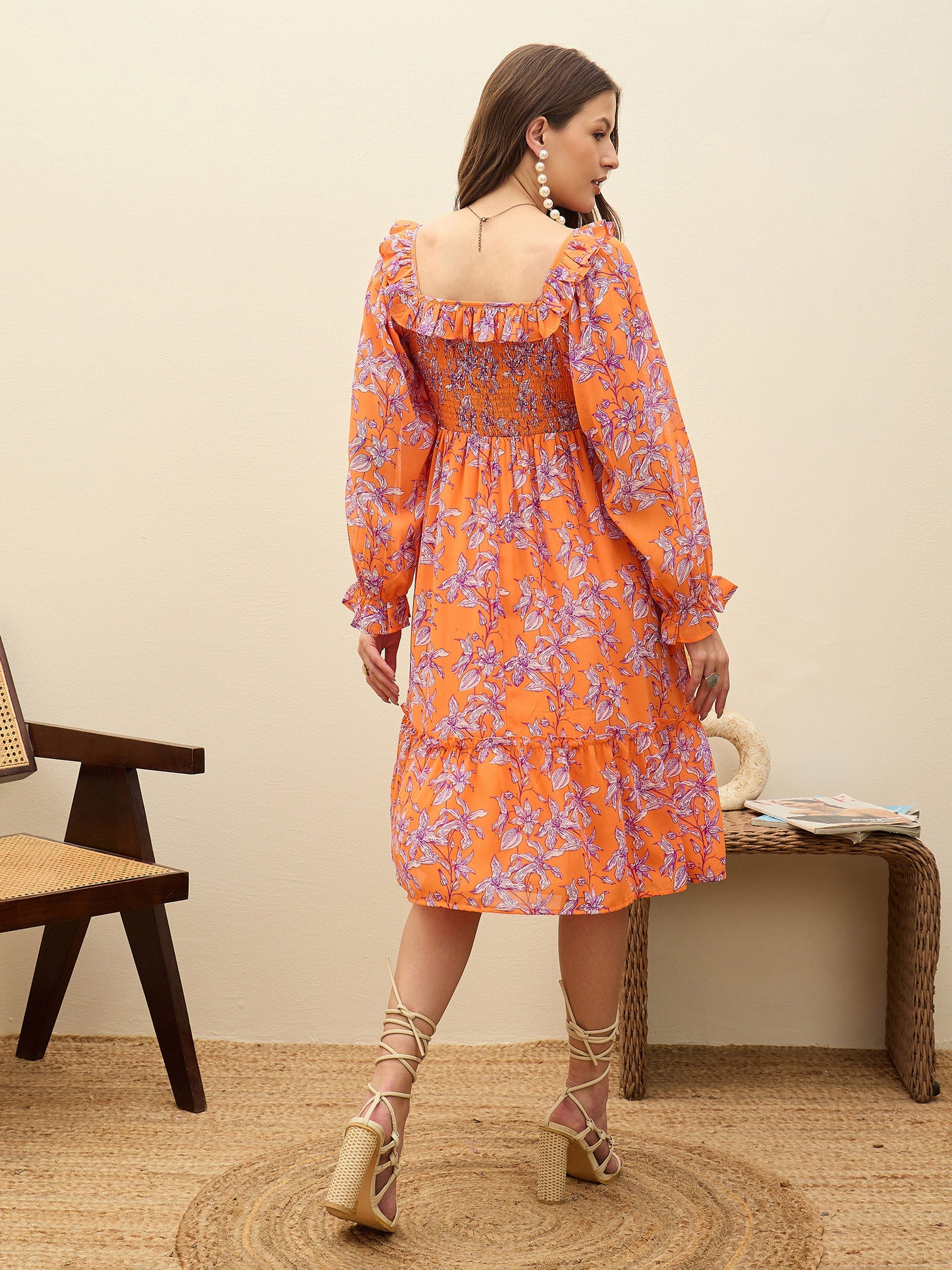 Orange Floral Square Neck Midi Dress-SASSAFRAS