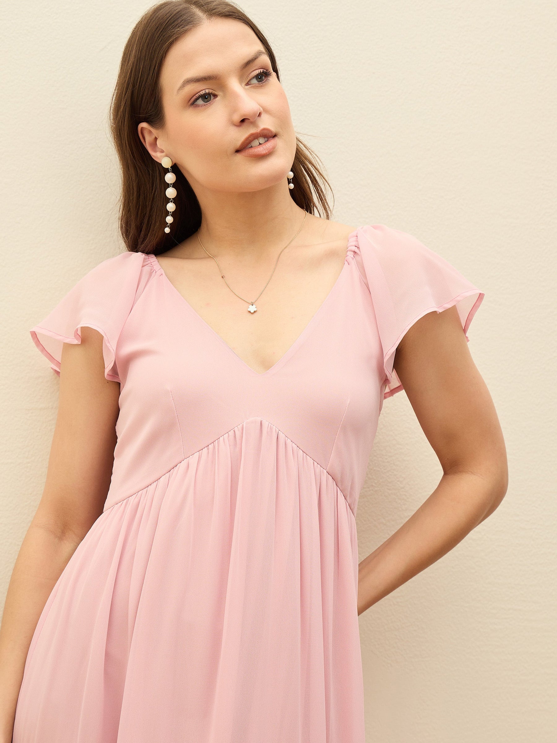 Pink Color Blocked Frill Sleeves Tiered Maxi Dress-SASSAFRAS