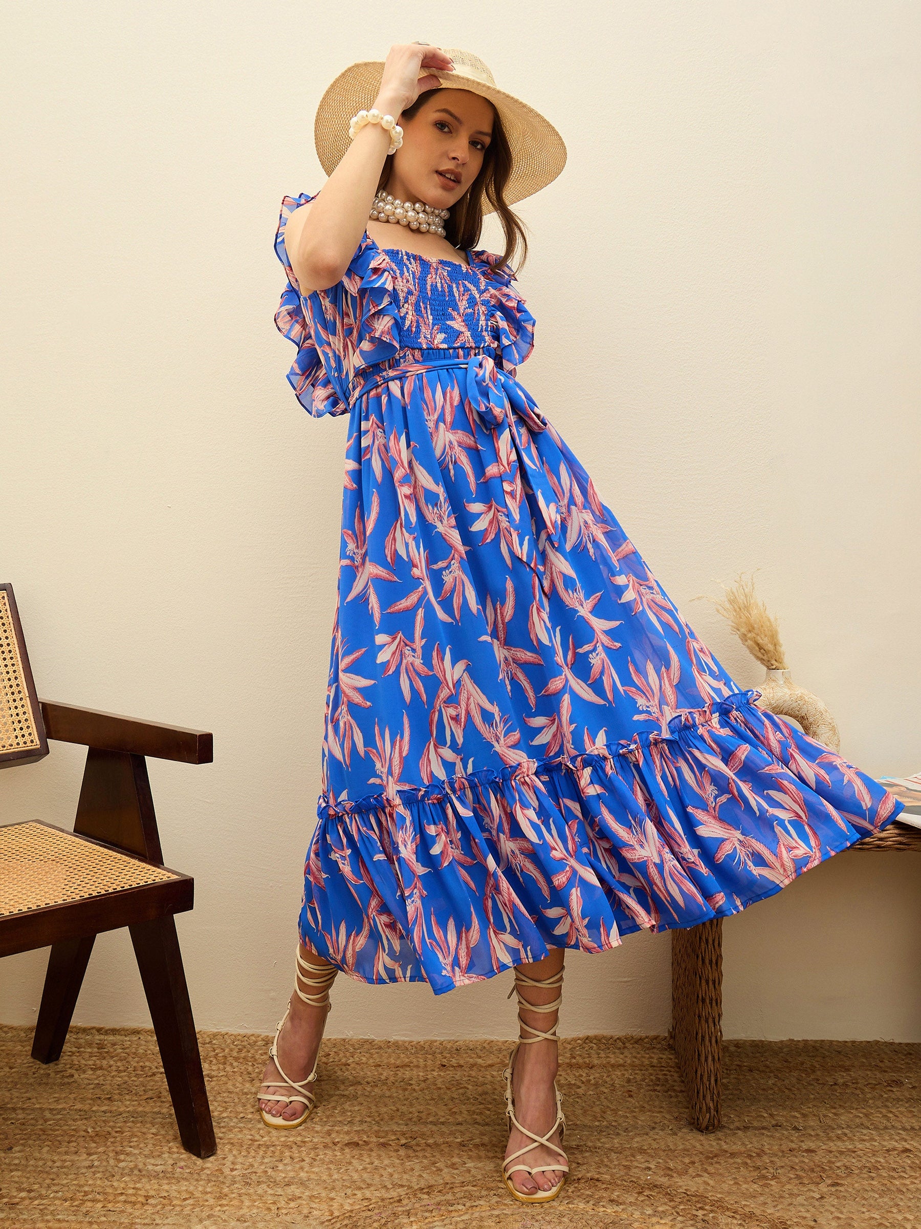 Blue Floral Smocked Frill Midi Dress-SASSAFRAS