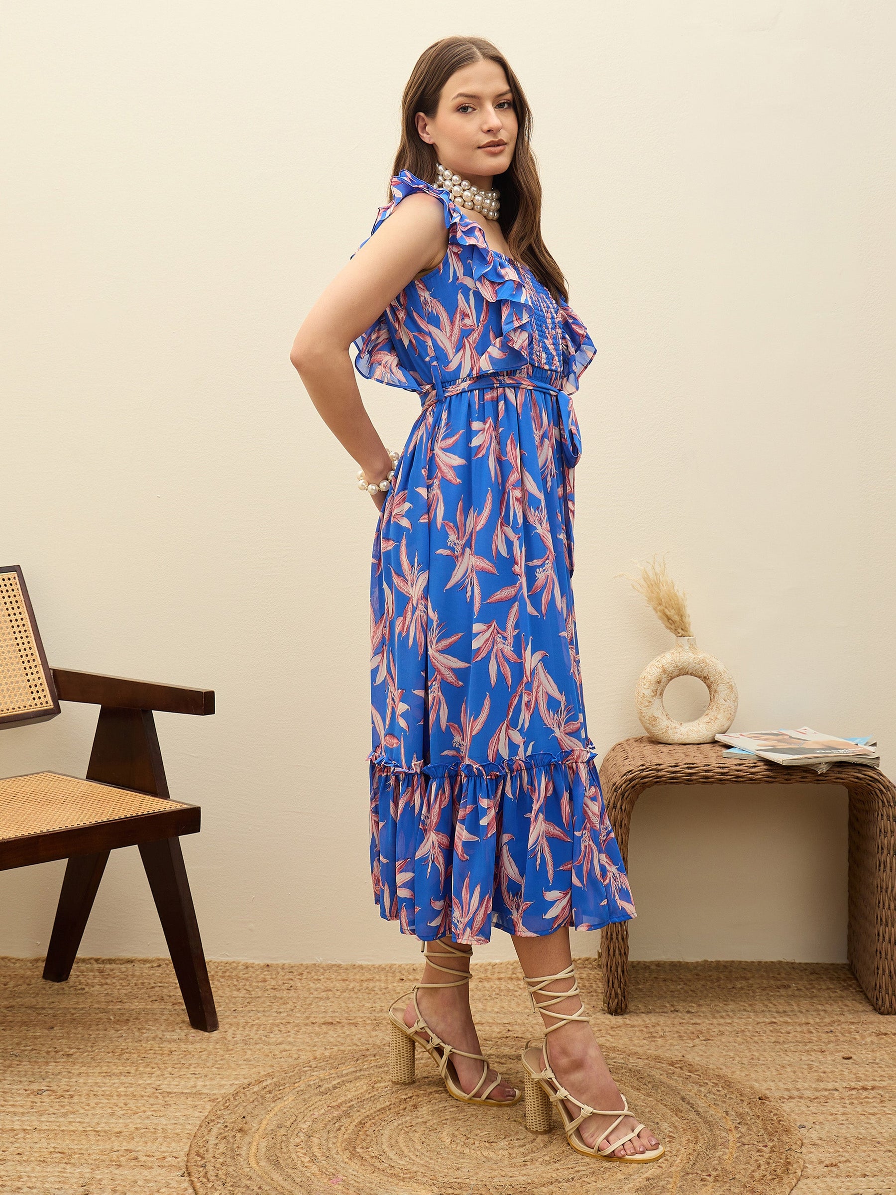 Blue Floral Smocked Frill Midi Dress-SASSAFRAS