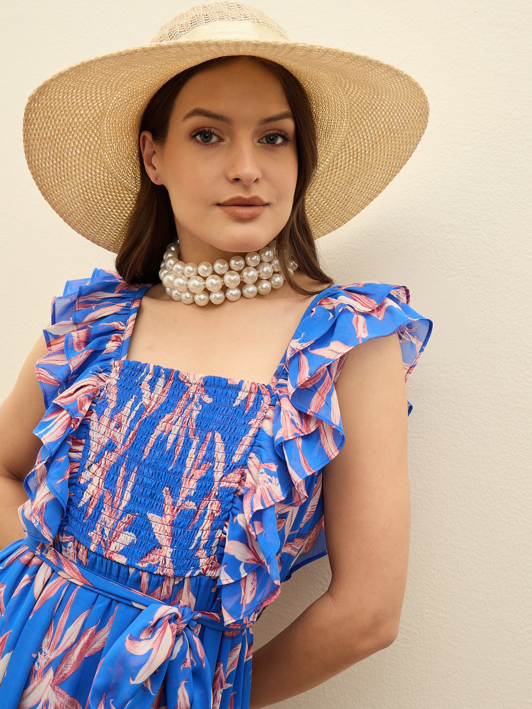 Blue Floral Smocked Frill Midi Dress-SASSAFRAS