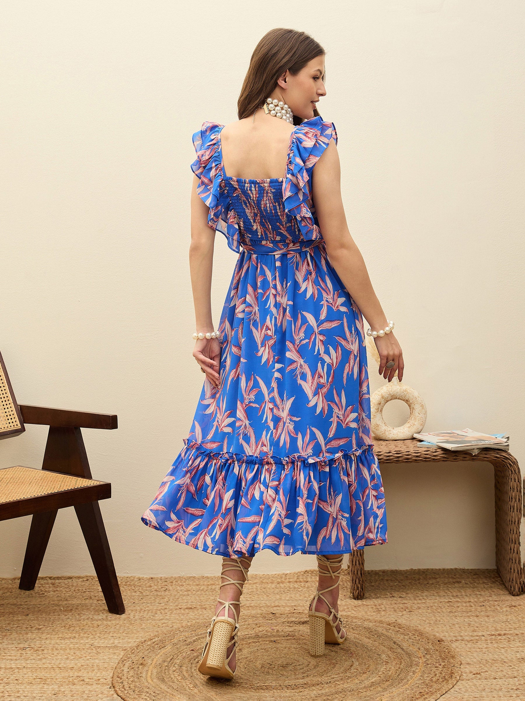 Blue Floral Smocked Frill Midi Dress-SASSAFRAS