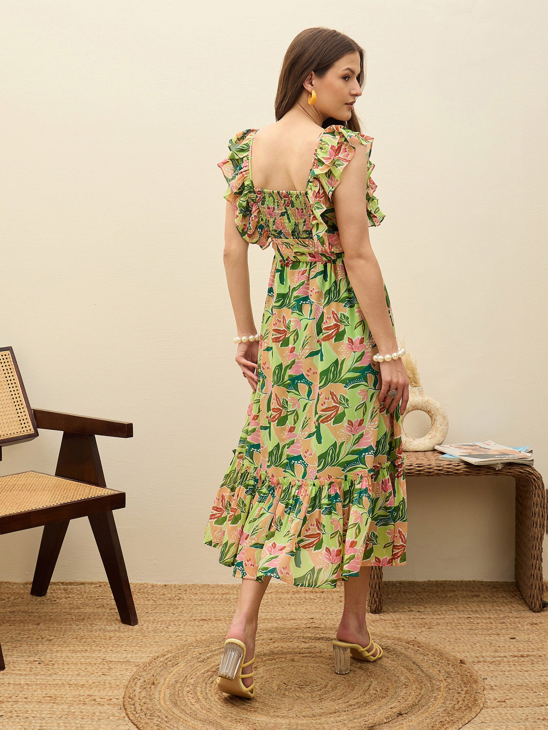 Green Floral Smocked Frill Midi Dress-SASSAFRAS