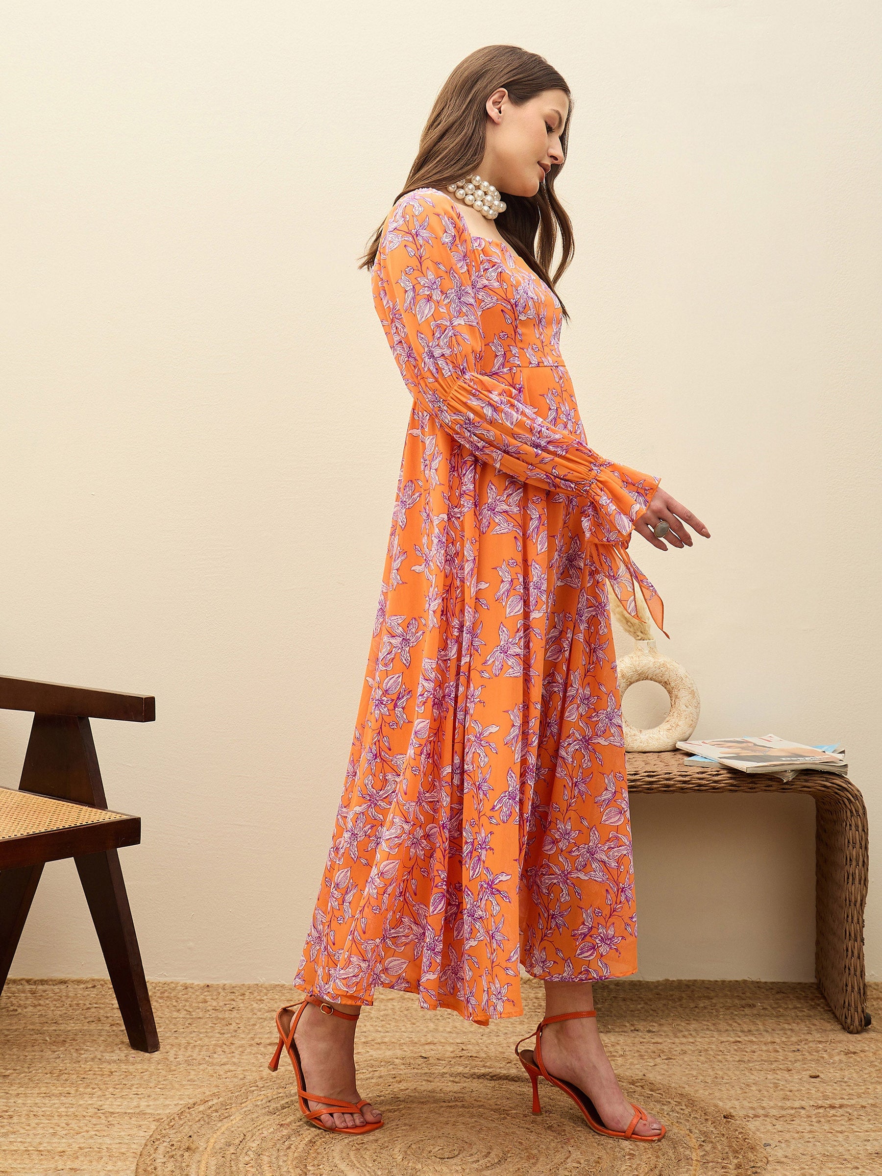 Orange Floral Square Neck Maxi Dress-SASSAFRAS