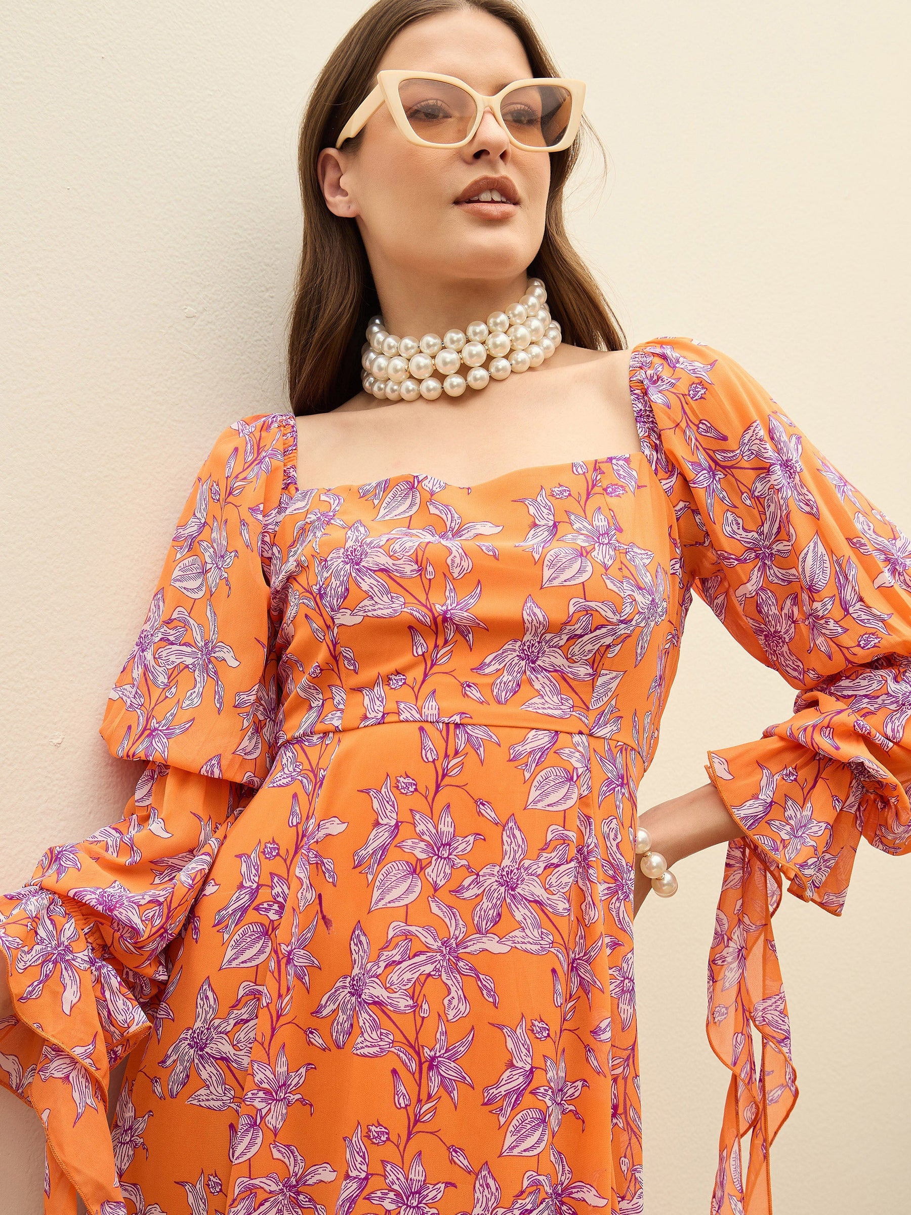 Orange Floral Square Neck Maxi Dress-SASSAFRAS