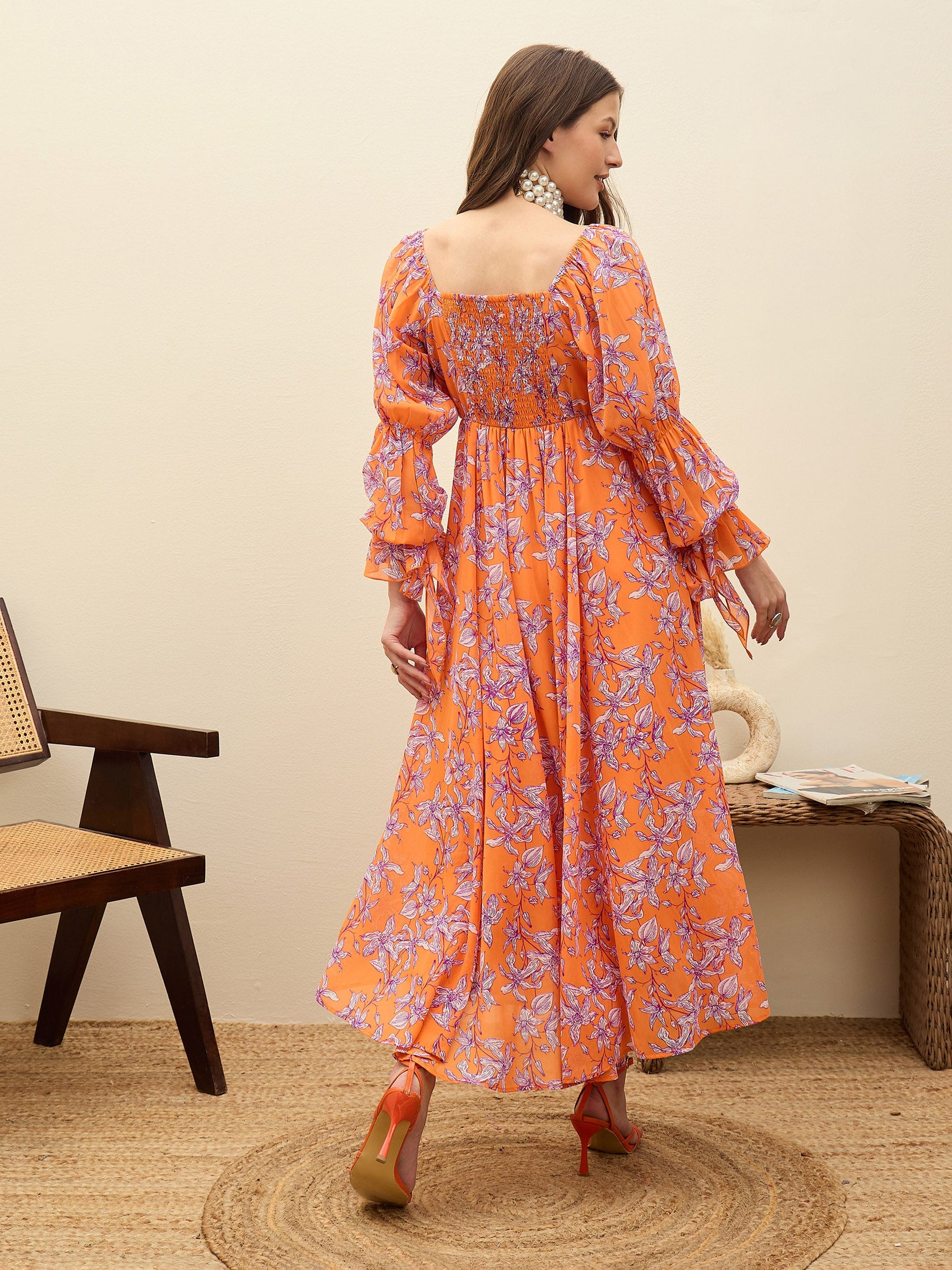Orange Floral Square Neck Maxi Dress-SASSAFRAS