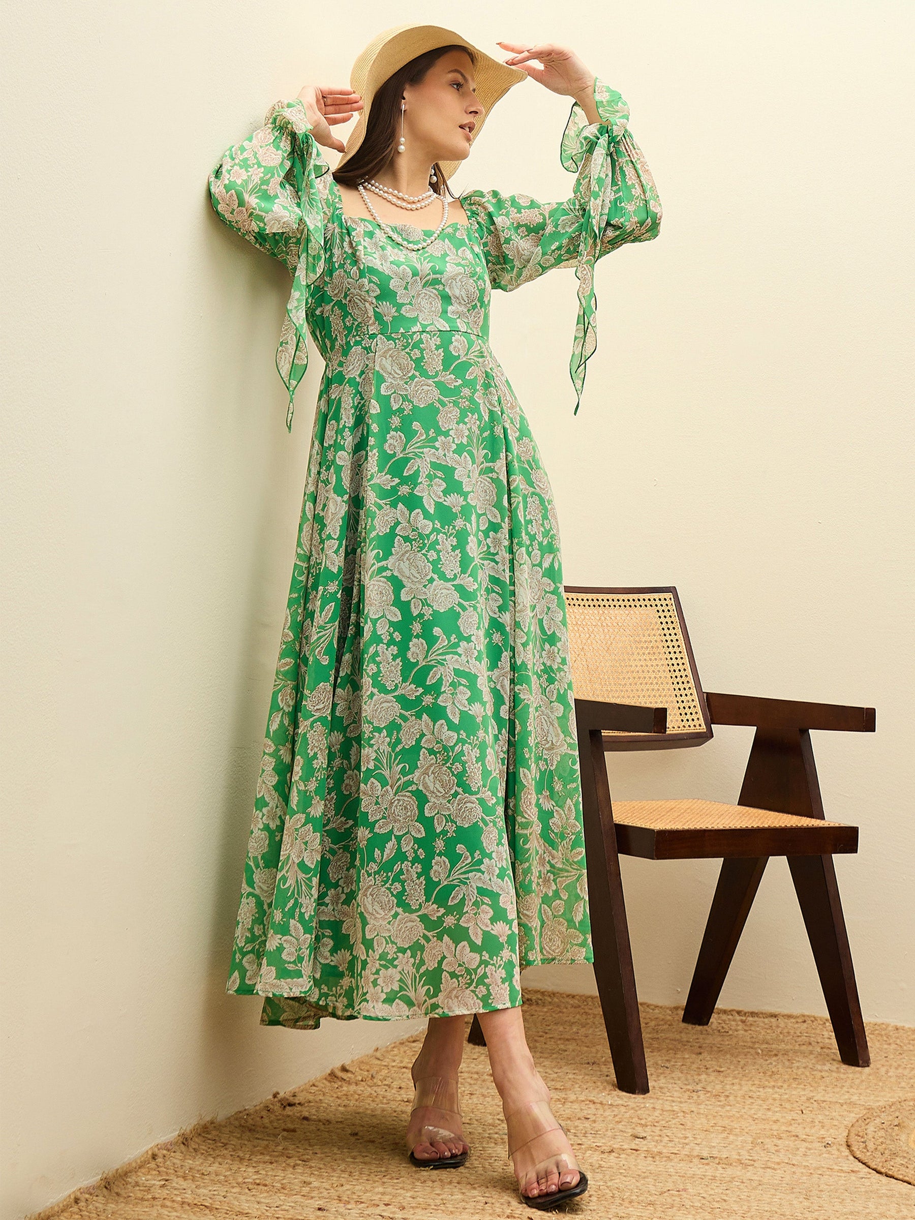 Green Floral Square Neck Maxi Dress-SASSAFRAS