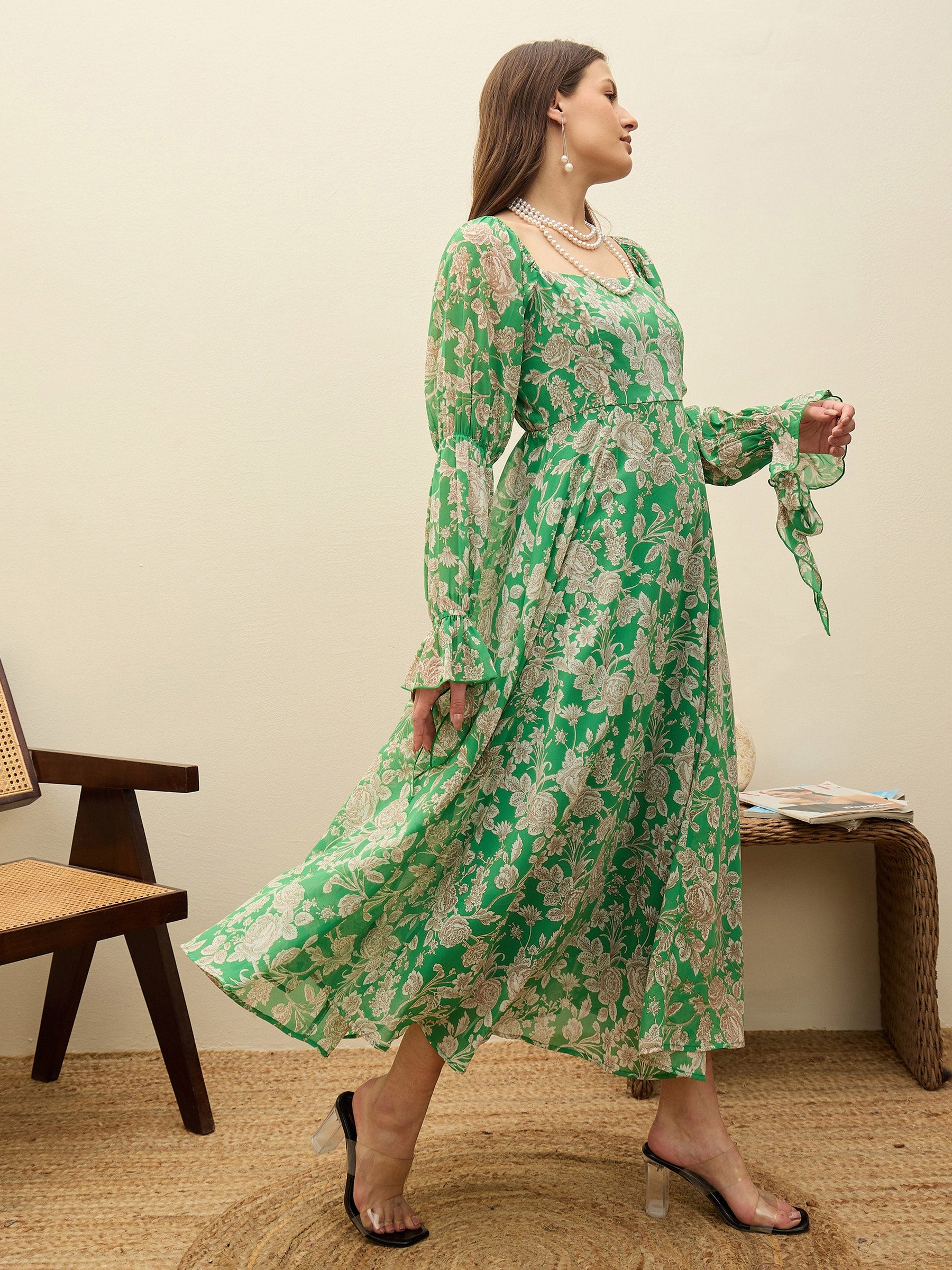 Green Floral Square Neck Maxi Dress-SASSAFRAS