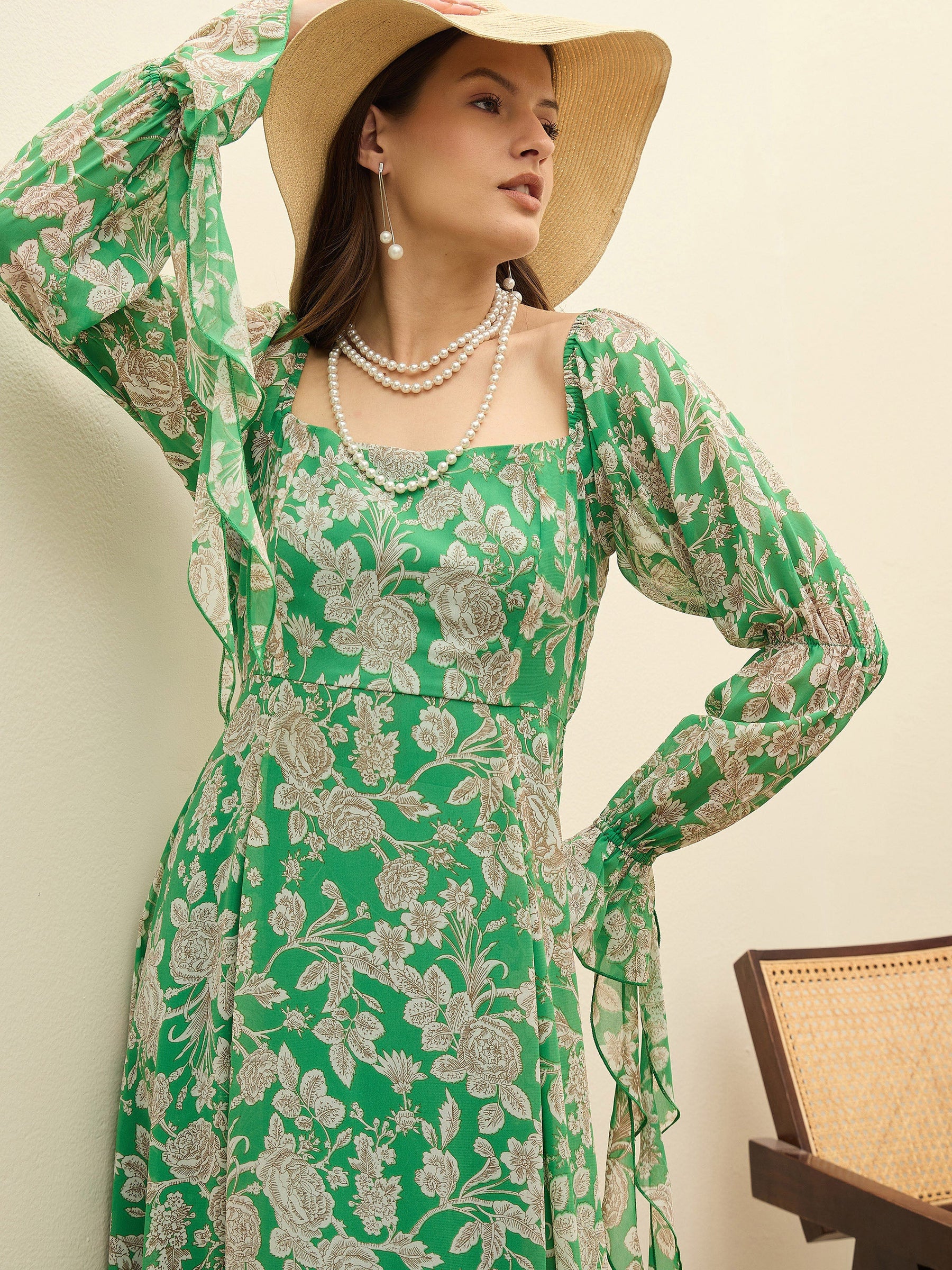 Green Floral Square Neck Maxi Dress-SASSAFRAS