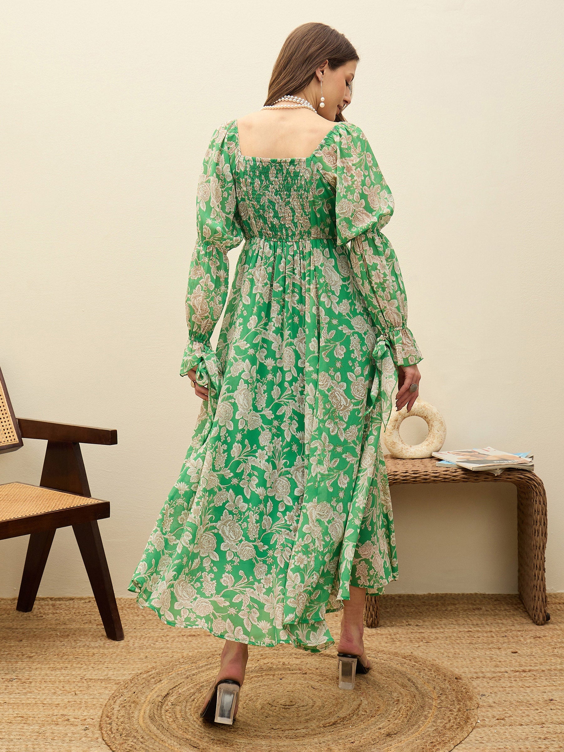 Green Floral Square Neck Maxi Dress-SASSAFRAS