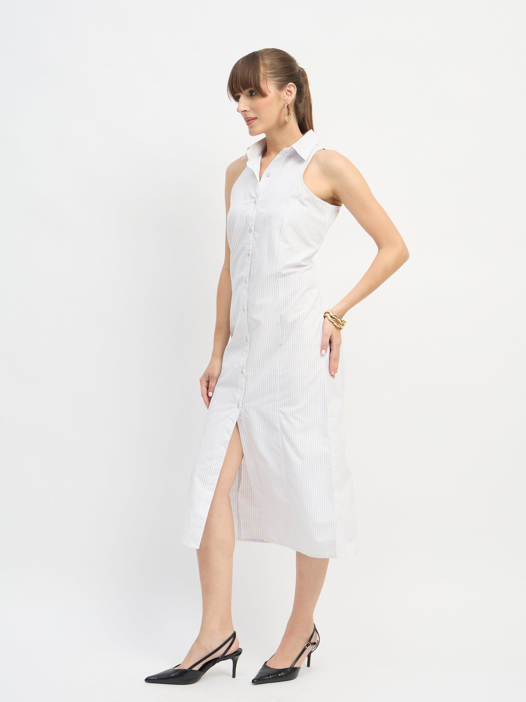 White & Blue Stripes Sleeveless Midi Dress-SASSAFRAS