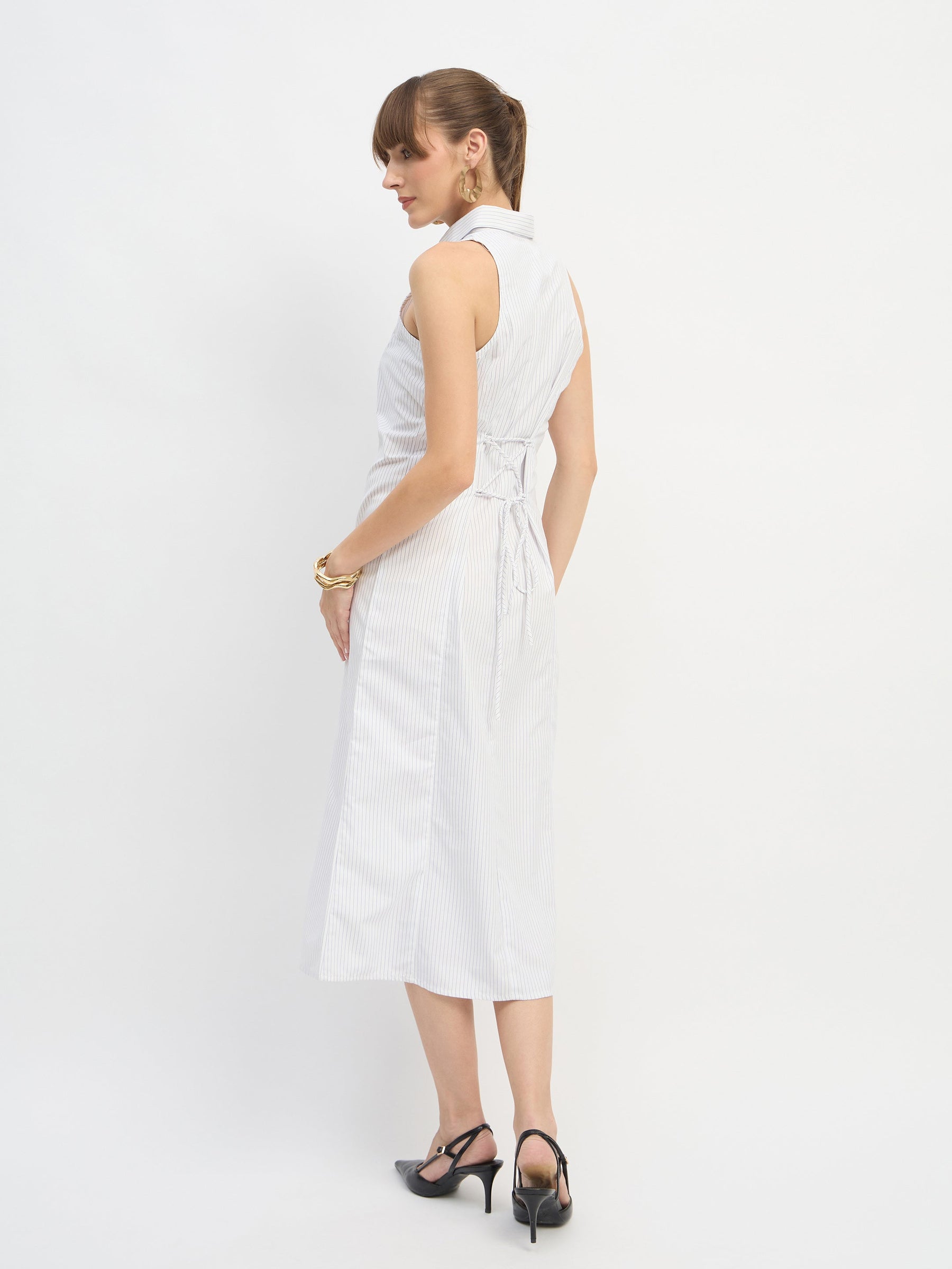 White & Blue Stripes Sleeveless Midi Dress-SASSAFRAS