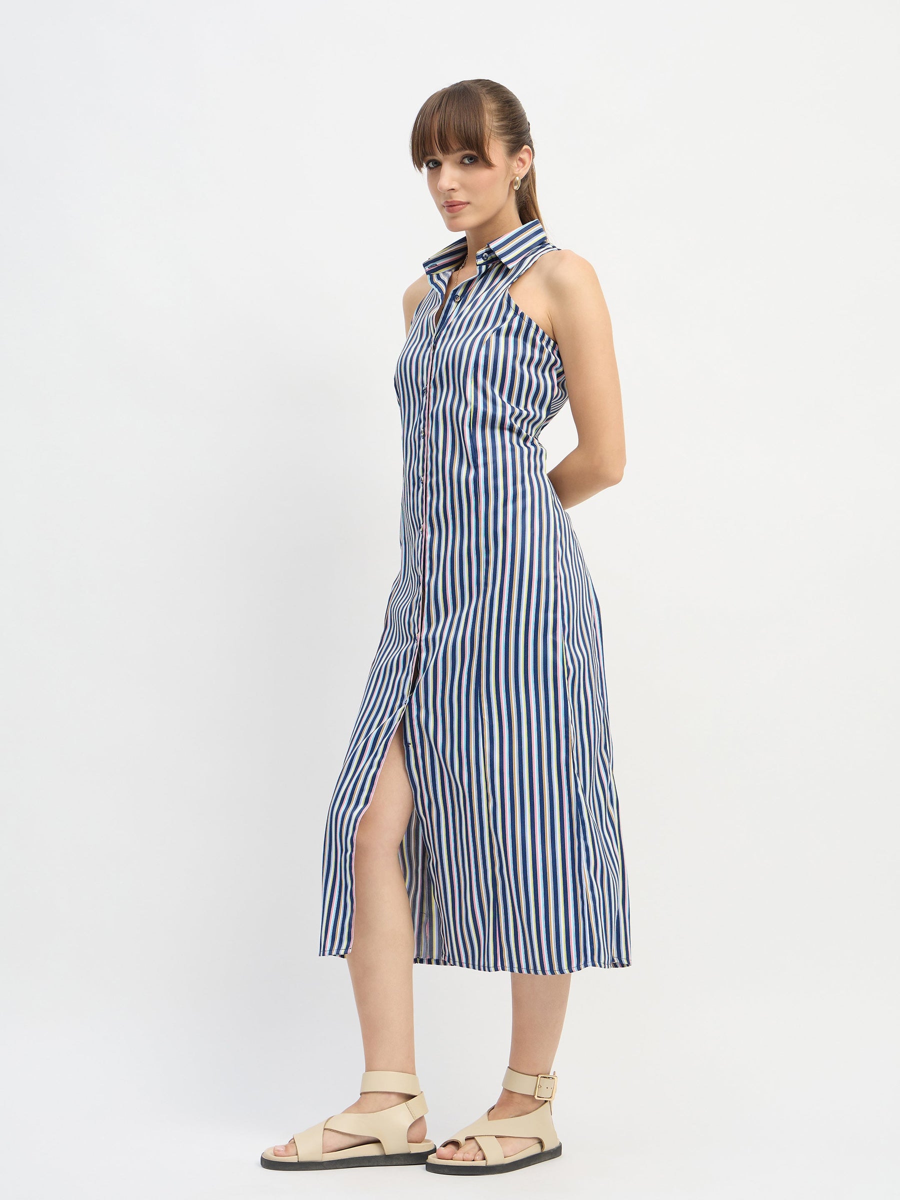 Navy Blue Penny Stripes Sleeveless Midi Dress-SASSAFRAS