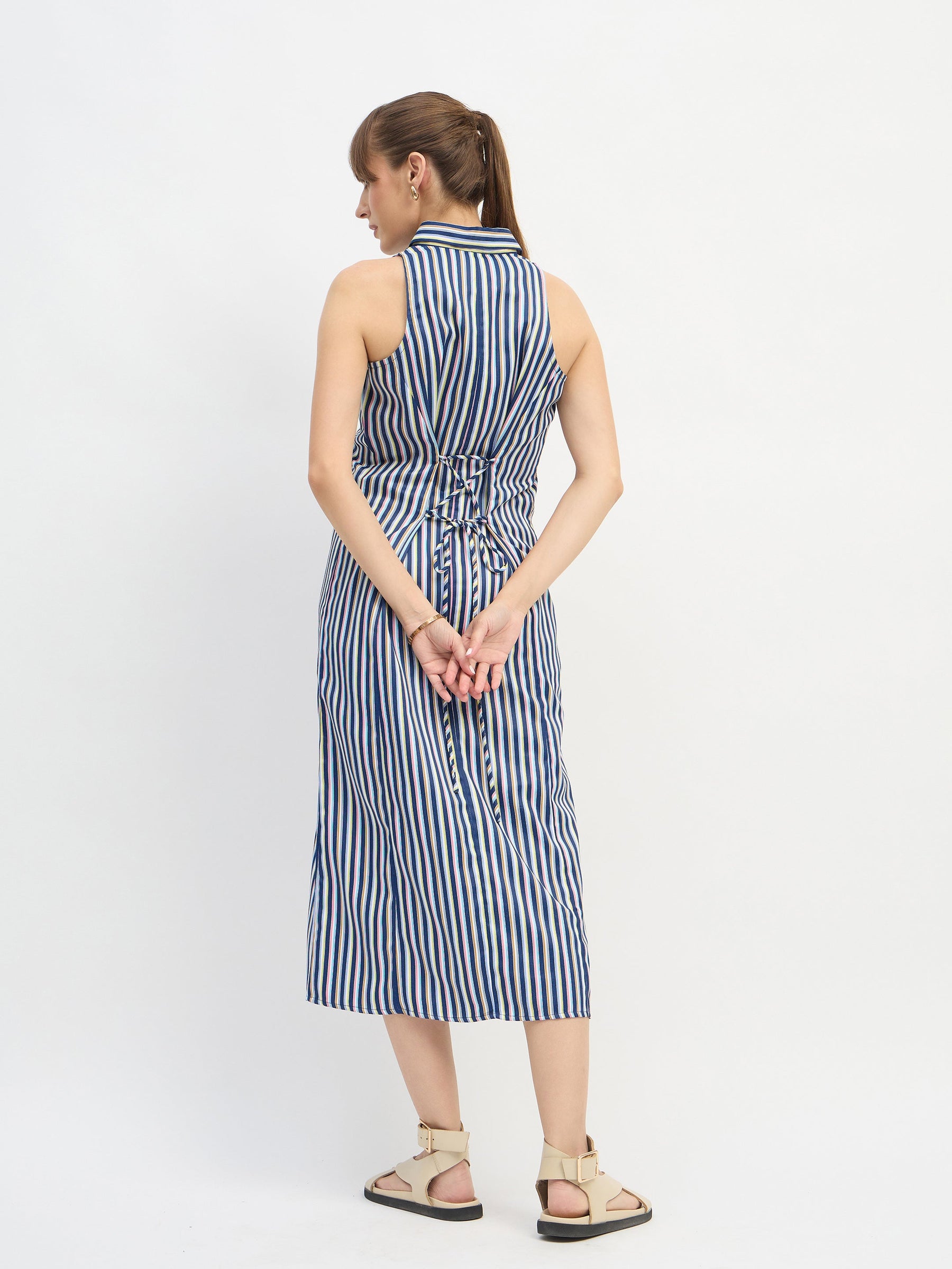 Navy Blue Penny Stripes Sleeveless Midi Dress-SASSAFRAS