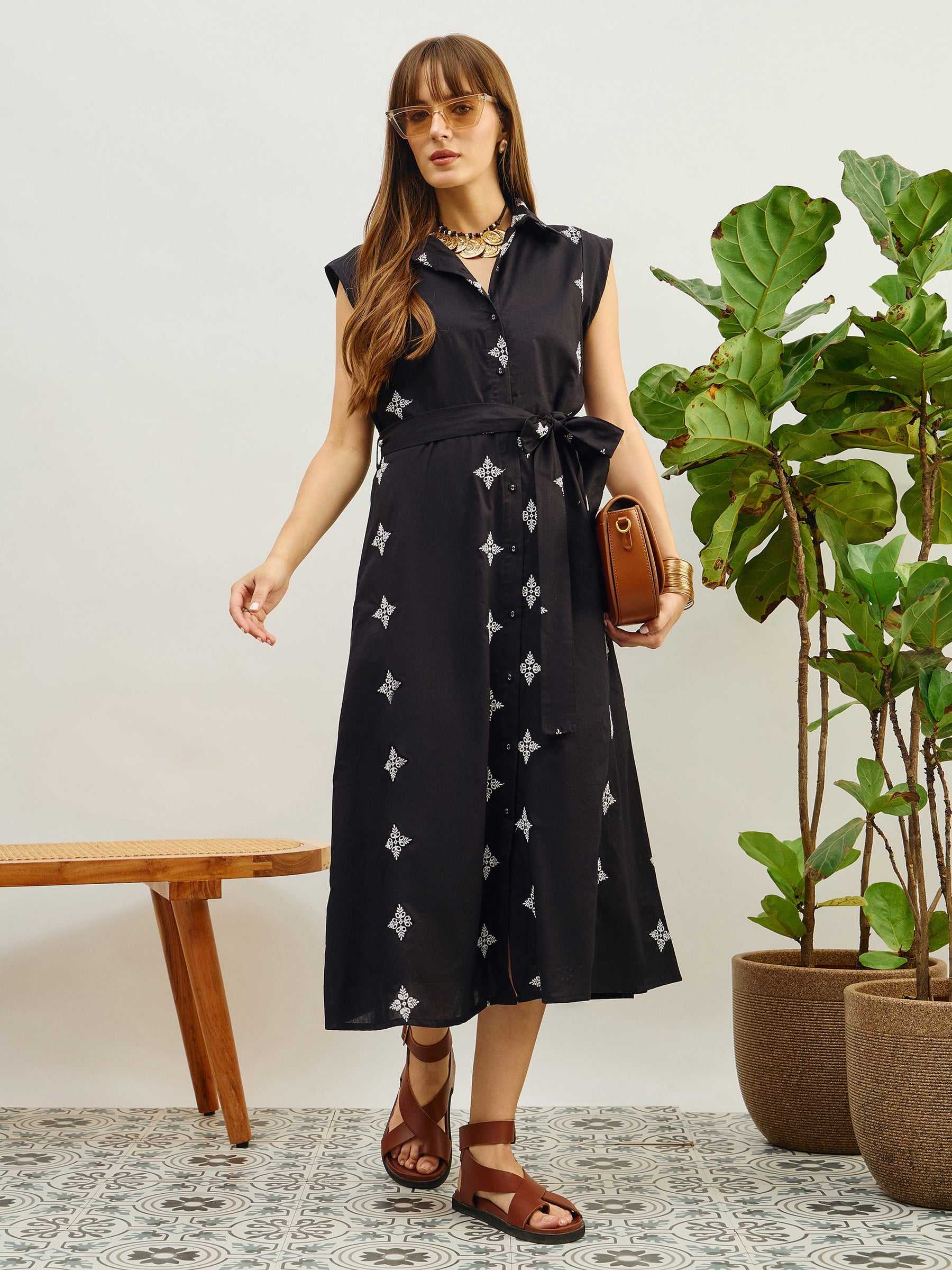 Black Embroidered Button Down Midi Dress-Pink Paprika By SASSAFRAS