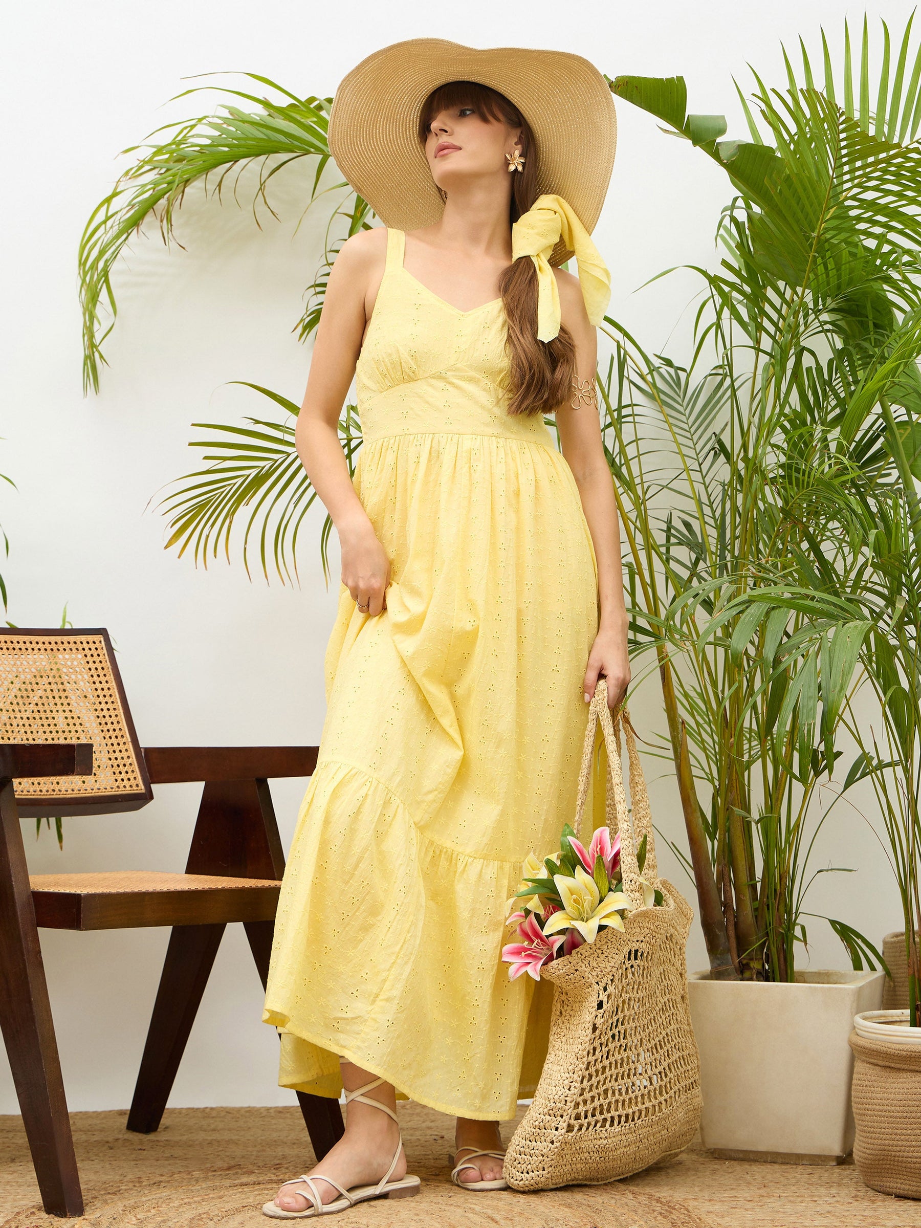 Yellow Sweatheart Neck Strappy Maxi Dress-SASSAFRAS