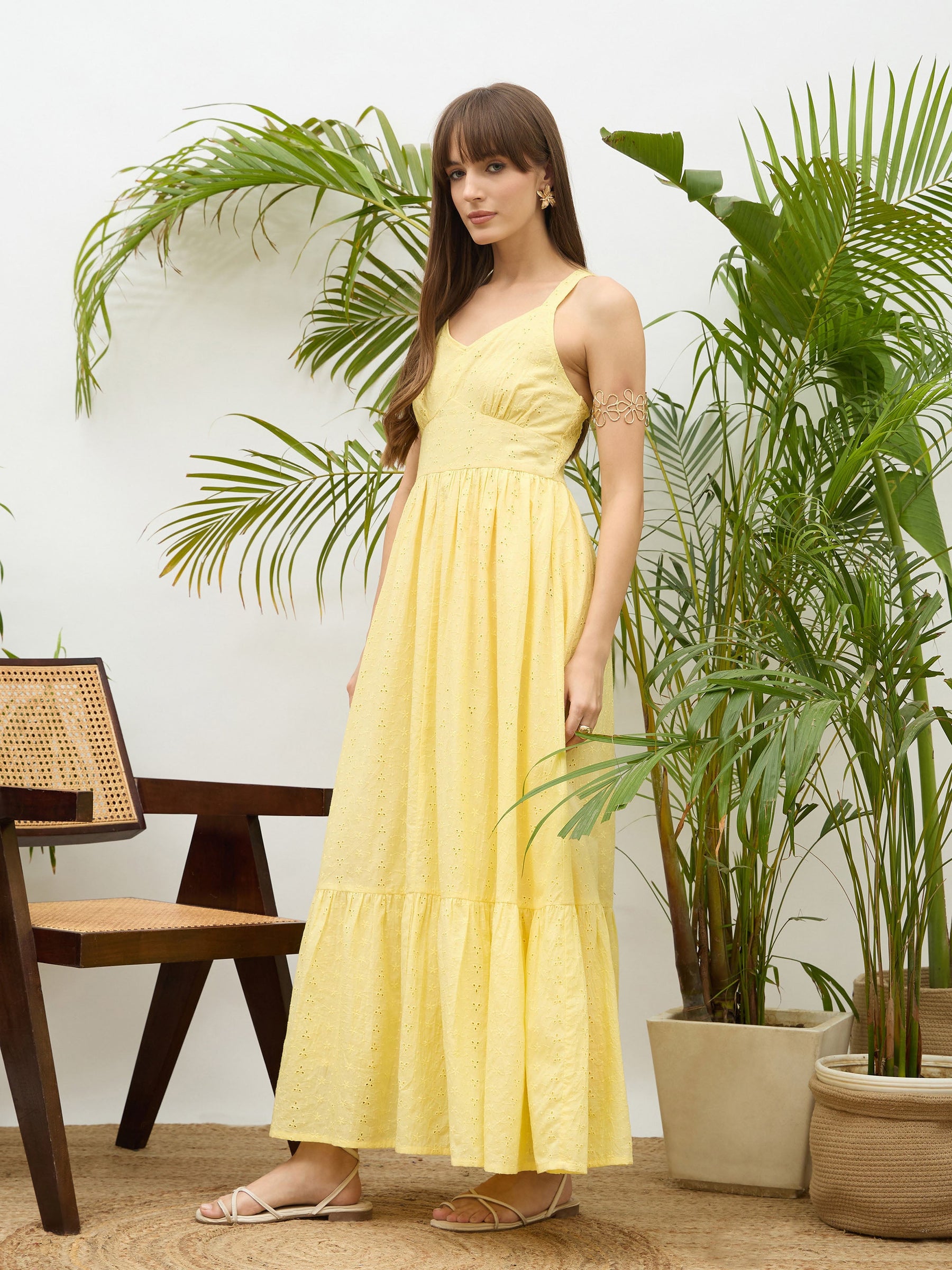 Yellow Sweatheart Neck Strappy Maxi Dress-SASSAFRAS