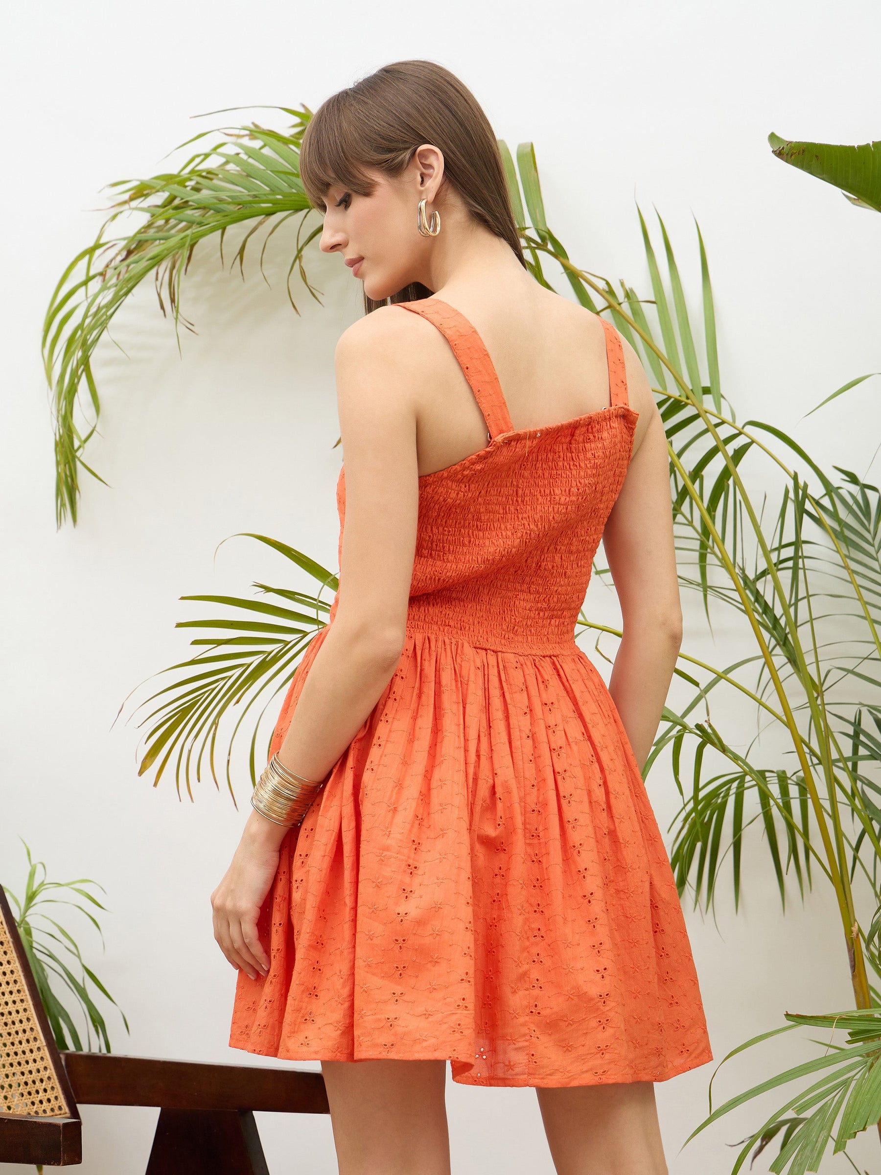 Orange Square Neck Strappy Short Dress-SASSAFRAS