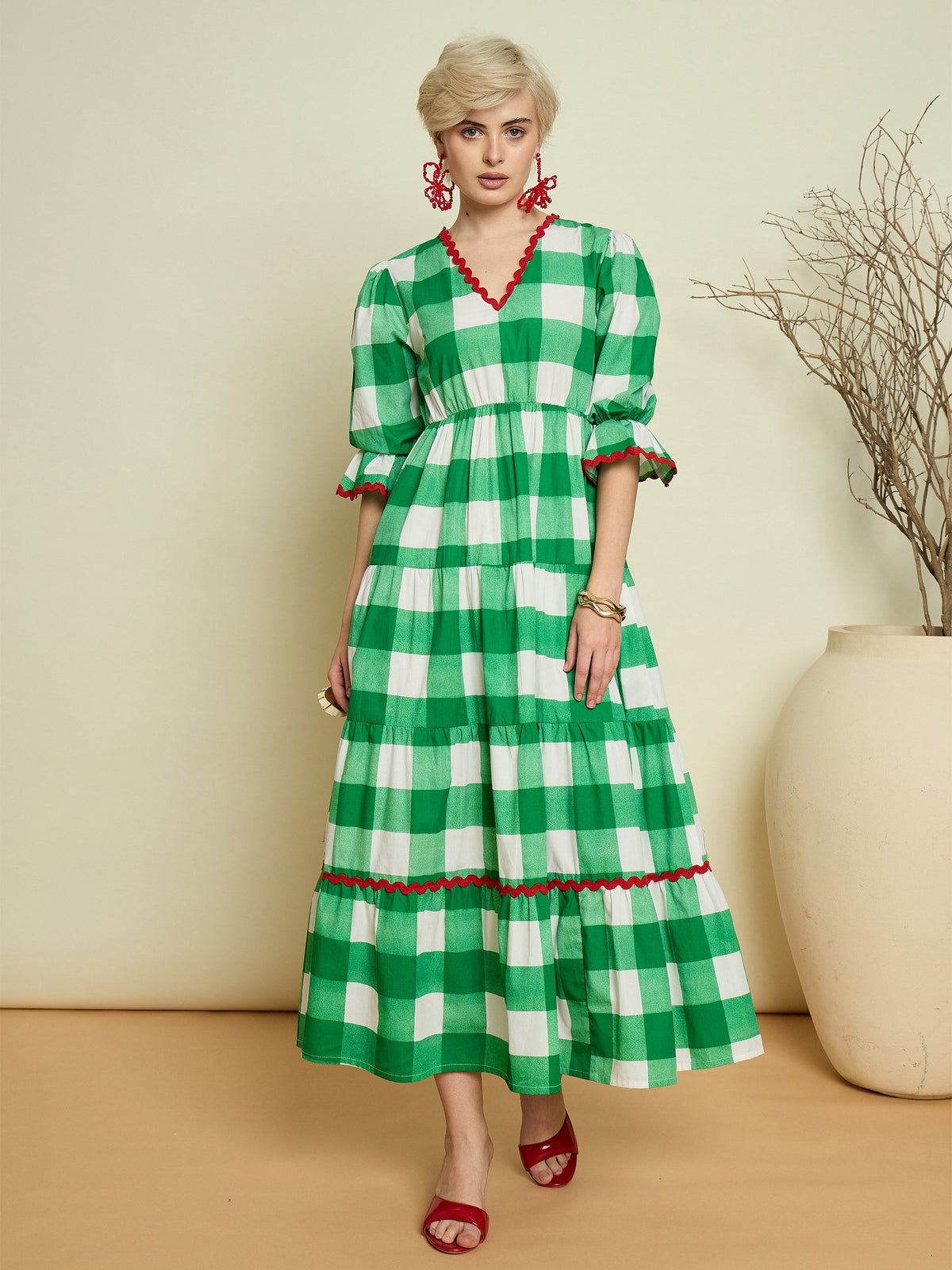 Green Big Check Tiered Maxi Dress-Pink Paprika By SASSAFRAS