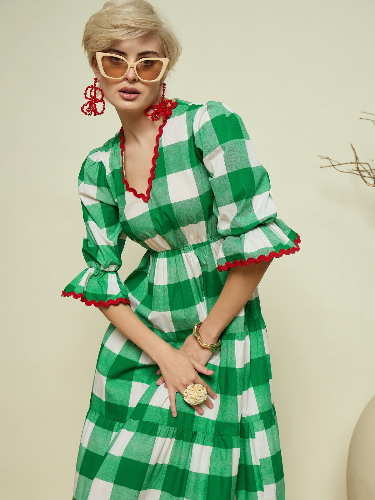 Green Big Check Tiered Maxi Dress-Pink Paprika By SASSAFRAS