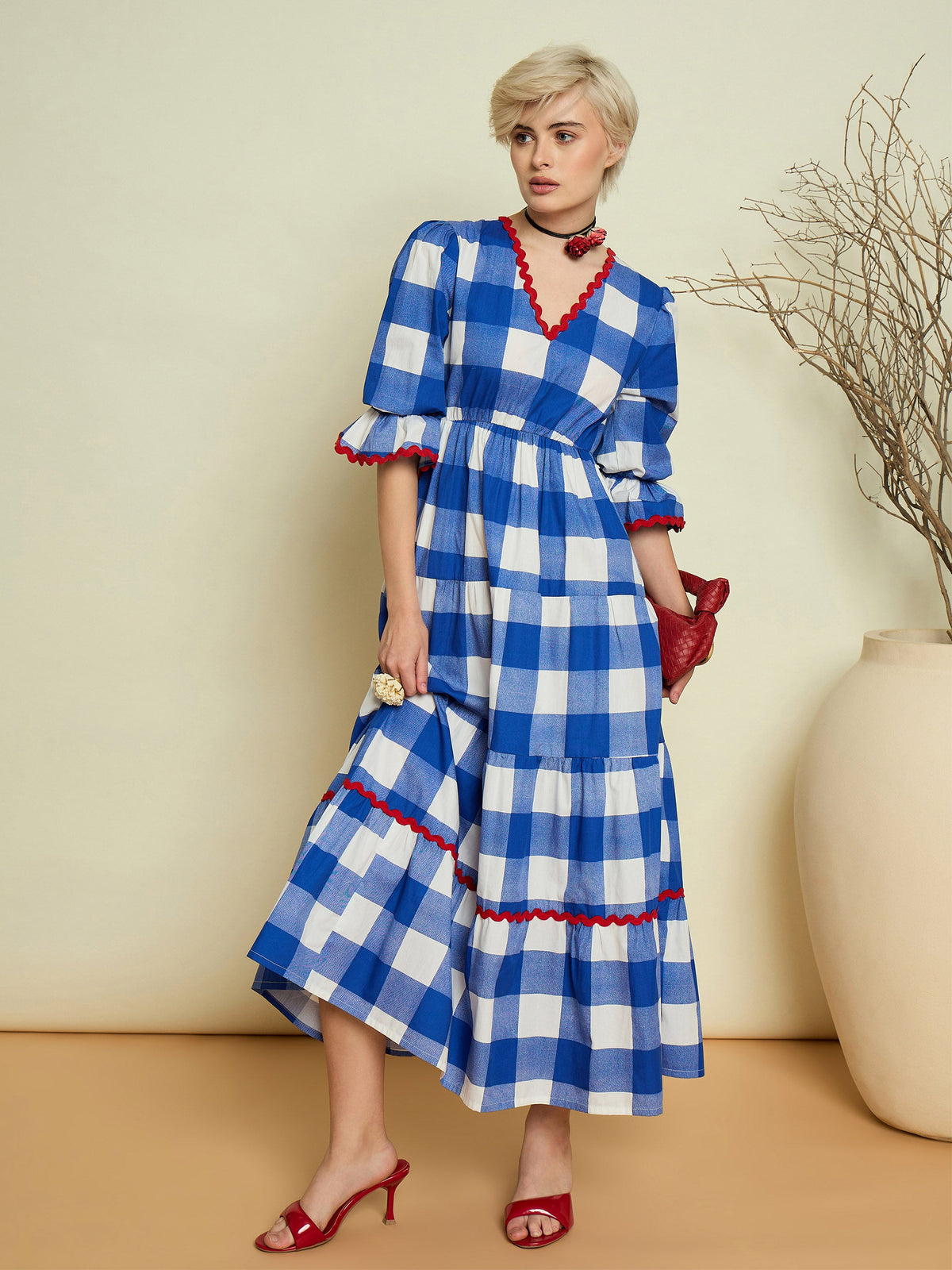 Blue Big Check Tiered Maxi Dress-Pink Paprika By SASSAFRAS
