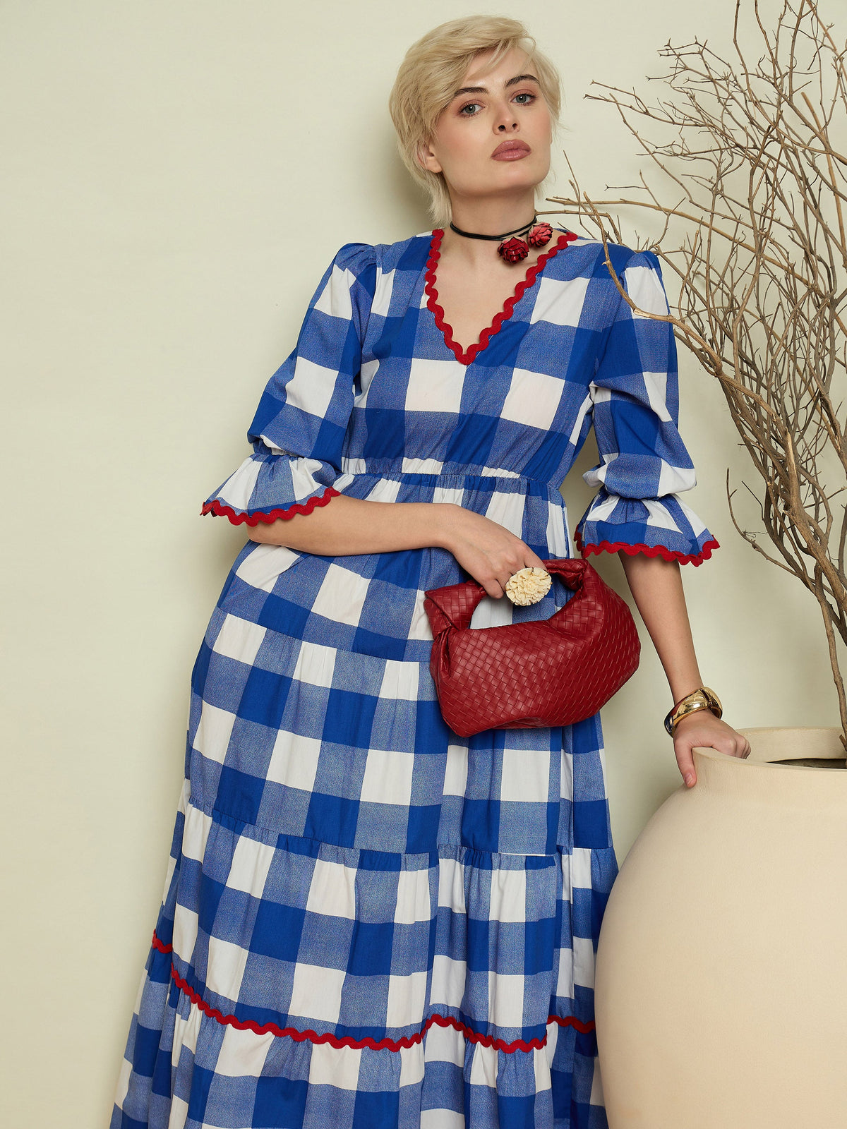 Blue Big Check Tiered Maxi Dress-Pink Paprika By SASSAFRAS