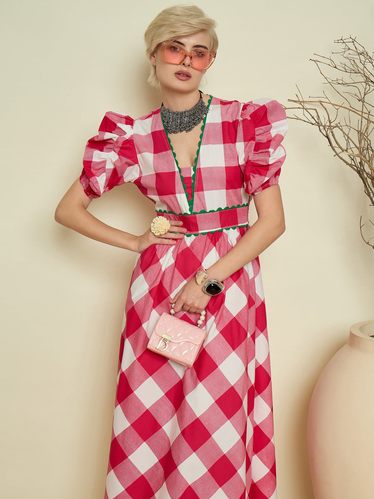 Pink Big Check A-Line Midi Dress-Pink Paprika By SASSAFRAS