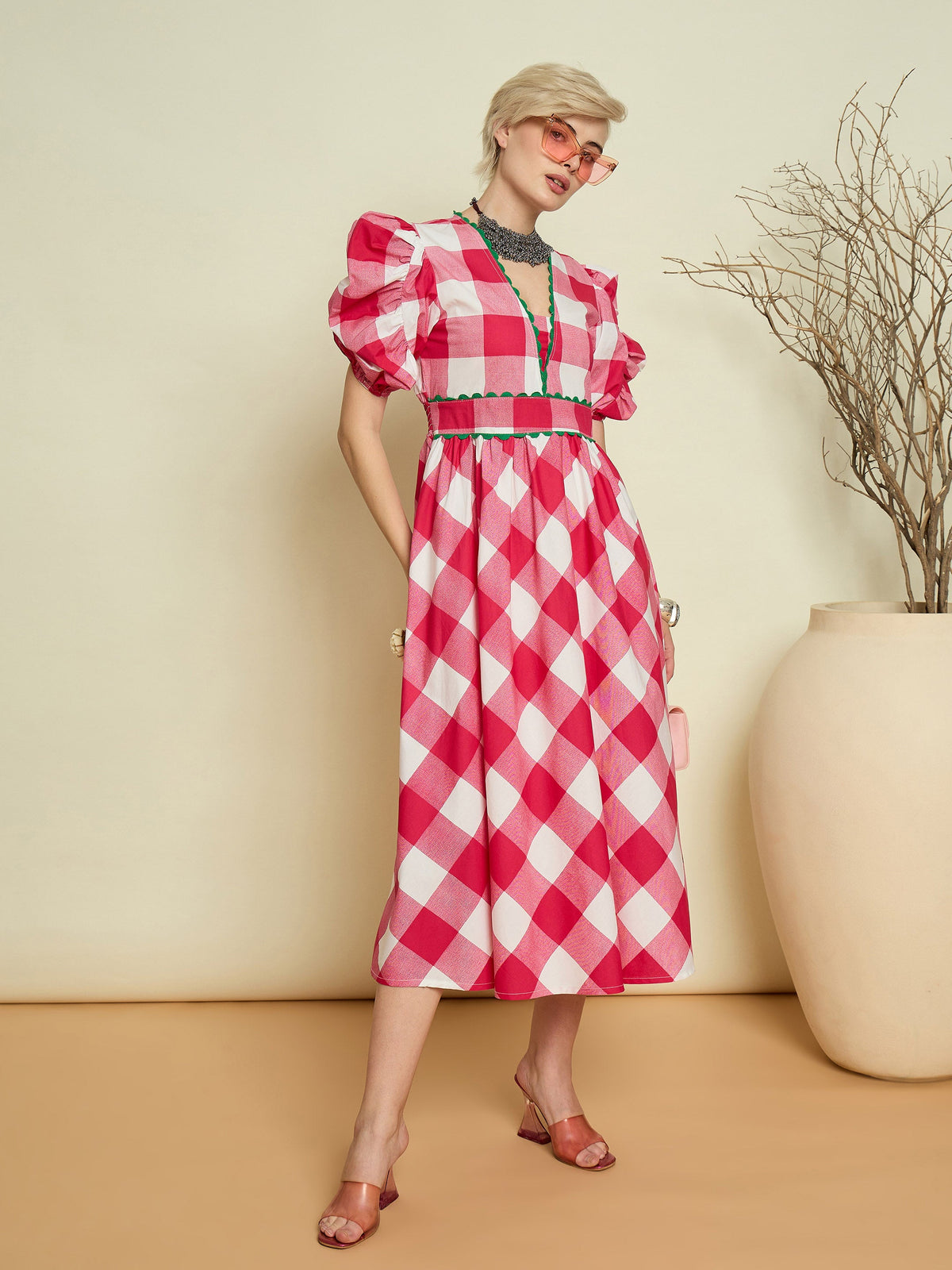 Pink Big Check A-Line Midi Dress-Pink Paprika By SASSAFRAS