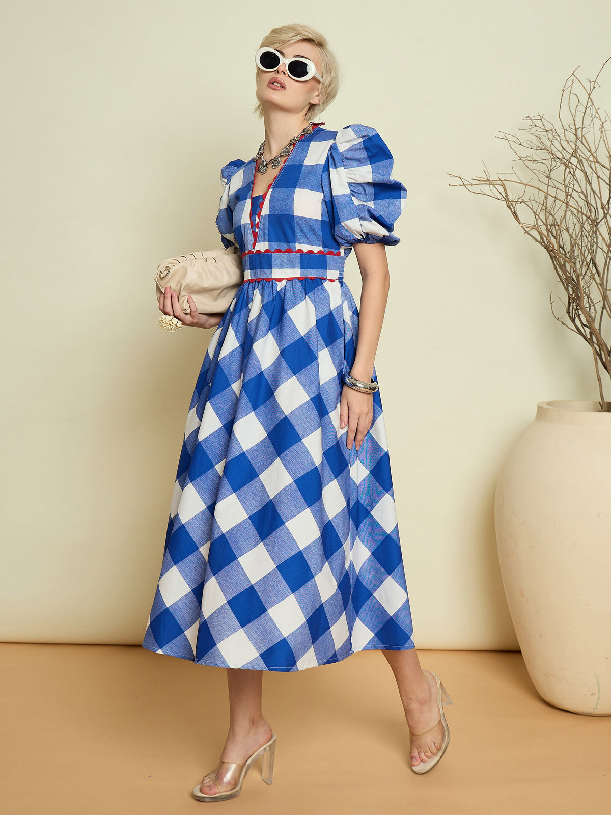 Blue Big Check A-Line Midi Dress-Pink Paprika By SASSAFRAS